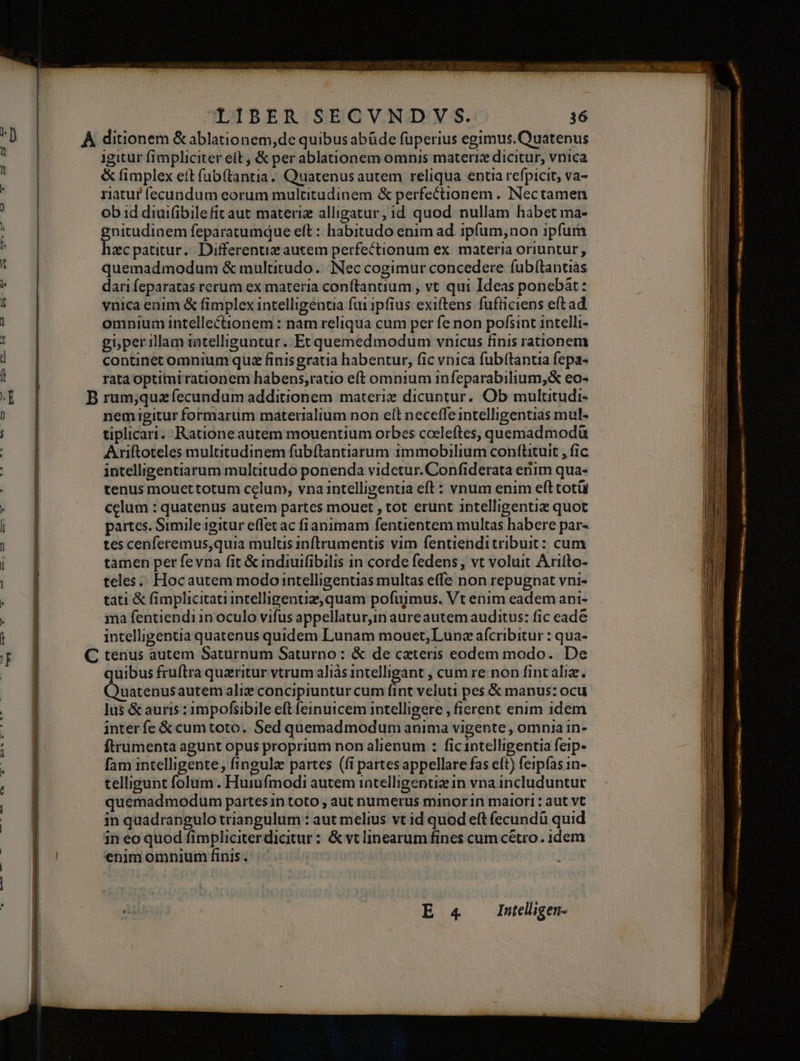 *D À ditionem &amp; ablationem,de quibus abüde füperius egimus.Quatenus igitur fimpliciter eft , &amp; per ablauonem omnis materie dicitur, vnica &amp; fimplex eit fub(tantia. Quatenus autem reliqua entia refpicit, va- ratur fecundum eorum multitudinem &amp; perfectionem . Nectamen ob id diui(ibilefitaut materiz alligatur, id quod nullam habet ma- gnitudinem feparatumque eft : habitudo enim ad. ipfum, non 1pfurn hzcpatitur.. Differenuz autem perfectionum ex materia oriuntur , quemadmodum &amp; multitudo. Nec cogimur concedere fub(tanuiás dari feparatas rerum ex materia conftantium , vt qui Ideas ponebàt: vnica enim &amp; fimplex intelligentia fui ipfius exiftens fufticiens eft ad omnium intellectionem : nam reliqua cum per fe non pofsint intelli- guper illam intelliguntur. Et quemedmodum vnicus finis rationem continet omnium quz finisgratia habentur, fic vnica fubftantia fepa- rata optimi rationem habens,ratio eft omnium infeparabilium,&amp; eo- B rum;quaefecundum additionem materie dicuntur. Ob multutudi- nemigitur formarum materialium non eít neceffe intelligentias mul- tiplicari. Ratione autem mouentium orbes coeleftes, quemadmodü Ariftoteles multitudinem fubítantiarum 1mmobilium conftituit , fic intelligentiarum multitudo ponenda videtur. Confiderata enim qua- tenus mouettotum celum, vna intelligentia eft : vnum enim efttotü celum : quatenus autem partes mouet , tot erunt intelligentiz quot partes. Simile igitur effet ac fianimam fentientem multas habere par- tes cenferemus,quia multis inflrumentis vim fentienditribuit: cum tamen per fevna fit &amp; indiuifibilis in corde fedens, vt voluit Arifto- teles. Hocautem modo intelligentias multas effe non repugnat vni- tati &amp; fimplicitati intelligentiz, quam pofuimus, Vt enim eadem api- .3ma fentiendiin oculo vifus appellatur,in aureautem auditus: fic eade intelligentia quatenus quidem Lunam mouet, Lunz afcribitur : qua- C tenus autem Saturnum Saturno : &amp; de caeteris eodem modo. De quibus fruftra quzritur vtrum aliàs intelligant , cum re non fint ali. Quatenusautem ali: concipiuptur cum fint veluti pes &amp; manus: ocu lus &amp; auris :impofsibile eft feinuicem intelligere , fierent enim idem inter fe &amp; cumtoto. Sed quemadmodum anima vigente , omnia in- ftrumenta agunt opus proprium non alienum : ficintelligentia feip- fam intelligente, fingula partes (fi partes appellare fas eft) feipías in- | B telligunt folum. Huiufmodi autem intelligentiz in vna includuntur - | quemadmodum partes in toto , aut numerus minorin maiori : aut vt | in quadrangulo triangulum : aut melius vt id quod eft fecundü quid | in eo quod fimpliciterdictur : &amp; vt linearum fines cum cétro. idem enim omnium finis. Ma MEN La sl