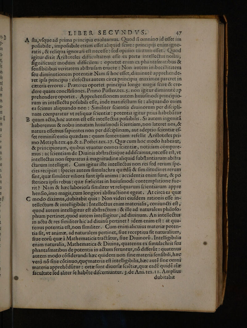 pofiibile , impofsibile etiam effet aliquid fcire: principijs enim igno- ratis , &amp; reliqua ignorari eft neceffe : fed opinio: cantum effet. Quod igitur dixit Ariftoteles difücultatem effe.ex parte intellectus noflri; fignificauit modum difficilem : oportet enim ex phantafmanbus &amp; fenfibilibus veritatem abftruíam eruere : Non autem imbecillitatem feu diminutionem potentiz.Nam fi hoc effet, diminuté apprehende- ret ipía principia : defe&amp;usautem circa principia maximos pareret in Cxeteris errores . Praeterea oportet principia longe magis fcire &amp; cre- dere quam conclüfiones. Primo Pofter.tex.5. non igitur diminutéap prehendere oportet. Apprehenfionem autem huiufmodi principio- rum in intellectu pofsibili effe, inde manifeftum fit : aliquando enim ea (cimus aliquando non : Similiter fcientia diuinorum per difcipli- nam comparatur vt reliqua fcientige : potentia igitur prius habebátur haberemus &amp; nobis innatam huiufmodi fcientiam;non lateret nos,&amp; natura effemus fapientes non per difciplinam, aut adeptio fcientize ef- fet reminifcentia quedam : quam fententiam refellit Ariftoteles pri- mo Metaph.tex.49.&amp; 2.Pofter.tex.27. Qux cum hoc modo habeaut, &amp; principiorum, quibus vtuntur omnes Ícientiz , notitiam compare- mus : ac fcientiam de Diuipis abftra&amp;isque addifcamus, neceffe eft, vt intelle&amp;us non feparatus à magnitudinealiquid fubftantiarum abttra &amp;arum intelligat. Cumigitur ifte intelle&amp;us non res fed rerum fpe. cies recipiat : ípecies autem fimulachra qu2dà &amp; (imilitudipes rerum fint, quz fimiliter viliora funt ipfa anima : accidentia enim funt, &amp; po fteriora ipfis rebus: qux foelicitas in huiufmodi contemplatione fue- rit? Nam &amp; hzclaboriofa fimiliter vt reliquarum fcientiarum appre henfio,imo magis,cum longiori abítractione egeat. Atcircaea que telle&amp;um &amp; intelligibile : Intelleé£us enim materialis , coniunti eft, quod autem intelligitur eft abítra&amp;tum : &amp; ille ad naturalem philofo. phum pertinet,quod autem intelligitur ad diuinum. An intellectus 1n actu &amp; res fimiliter hic ad diuinü pertinet? 1dem enim eft : at qua- tenus potentia eft,non fimiliter. Cum enim alicuius materiz poten- tia fit, vranimz, ad naturalem pertinet, fiue receptiua fit paturalium, fiue eorü que à Mathematicis traCátur, fiue Diuinoró. Intelligibilia enim naturalia, Mathematica &amp; Diuina, quatenus ex fimülachrs feu phantafmatibus de potentia in actum feruntur,nó differüt : quatenus autem modo cófiderandi hzc quidem non fine materia fenfibili, hzc veró nó fine cótinuo,quemateria eft intelligibilis, hzc auté (ine omni materia apprehédütur : orta fünt diuerfz fciétie, que eade quid6atze facultate fed aliter fe habéte difcernuntur. 3.de Ani. tex. 11. Amplius ii : dubitabit
