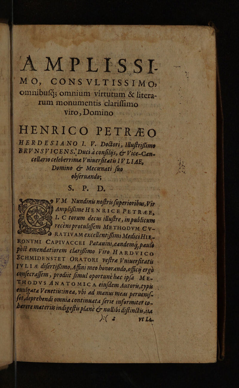 | MO, CONS VLTISSIMO | omnibuíd; omnium virtutum &amp; litera- rum monumentis clariffimo viro, Domino HENRICO PETRO | HERDESIANO IL V. Dedori, Mluffriftimo | BRVNSVIGCE N S. Duci à confilis, t Vice-Can« ) cellario celeberrima Vniuerfitatis 1Y L1 AE, - . Demino. é. Mecenati. fao ebferuando; Spo. pj o F.M. Numdinis noftris fuperioribus, Vip. 3) Auplifime HEN RICE PETR £E; &amp; [C torum decus illuffre,inpullicum SS B recinsprotuliffem METHODYM € v- e 9 RATIVAM excellentiffimi Meilii Hie... | RONYMI CAPIVACCEI Patauini,eandemá paulo ost emendatiorem clariffimo Viro. HARDVICO- 4 | $cBMrpENsTET ORATOR: veffre Vnuerfitatis | IV L4 difertiframo, Affini meo bonorando,offict ergà eonfecrafJem , prodit fimul oportuni bec / ME- | THODVS ANATO MICA eit/dem Autoris,typis etloata Venetii:inea, vbi ad manus eas peruenyfc | ehdeprebendi omnia continuata ferie informitet co. berere materiis tnáigeffis plane C nullibi diflindis,ita ! I». Vt Lé.