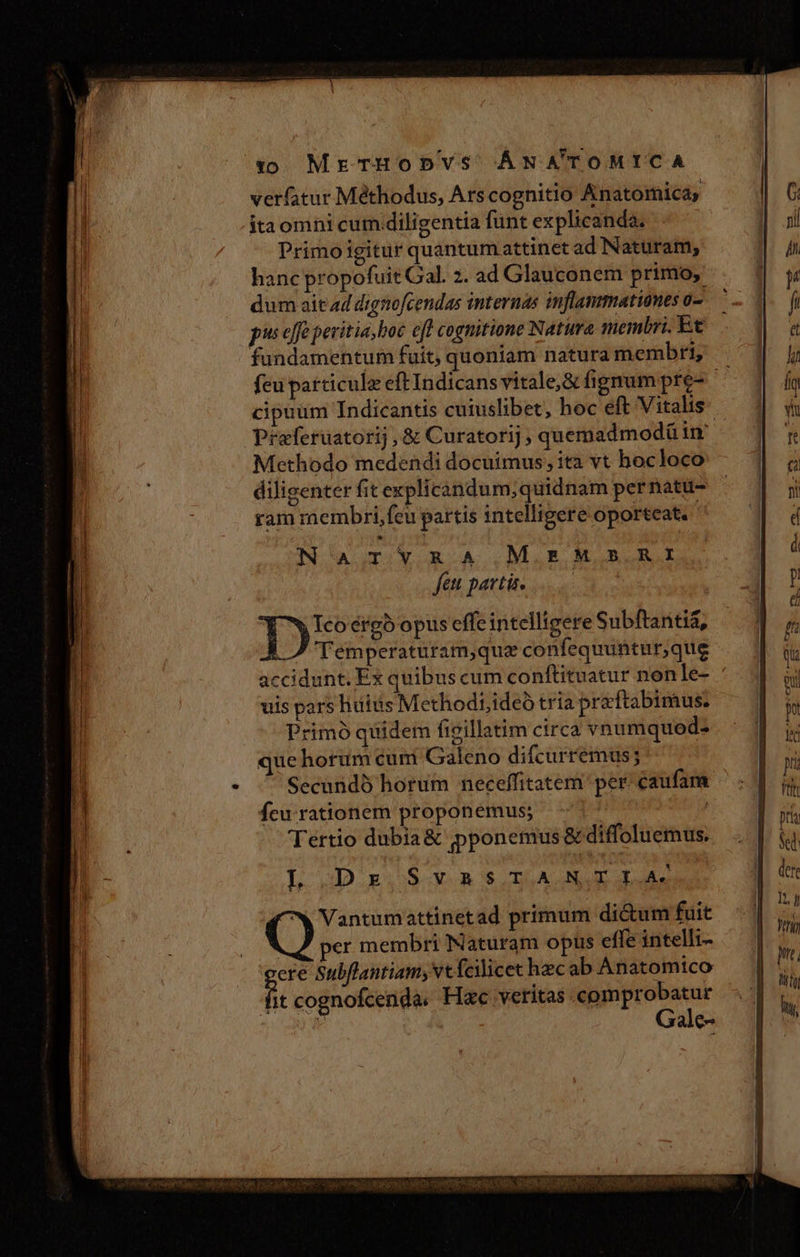0:0. MreTHODVS' ÁNA'TOMICA verfatur Méthodus, Arscognitio Anatomica, itaomni cum diligentia fünt explicanda. Primoigitur quantum attinet ad Naturam, hanc propofuit Gal. 2. ad Glauconem primo, dum aie ad dignofcendas internas inflammationes o- pus effe peritia, boc eff cognitione Natura membri. Et fandamentum fuit, quoniam natura membri, feu particule eft Indicans vitale,&amp; figmum pre- cipuum Indicantis cuiuslibet, hoc eft Vitalis: Preferuatorij, &amp; Curatorij, quemadmodü i Methodo medendi docuimus, ita vt hocloco diligenter fit explicandum;quidnam pernatu- ram membri, feu partis intelligere oporteat. Temperaturam,que confequuátur,que accidunt. Ex quibus cum conftituatur nonle- : uis pars huius Methodi,ideó tria preftabimus. Primó quidem fieillatim circa vnumqued- quehorum cum Galeno difcurremus; Secundó horum neceffitatem per. caufara fcu rationem proponemus; | | Tertio dubia&amp; pponemus &amp; diffoluemus. L Dx $ v m 5,T,A. NX on | Vantumattinetad primum dictum fuit | er membri Naturam opus effe intelli- ere Subflantiam, vt fcilicet hec ab Anatomico it cognofcenda. Hxc veritas vedi ird | | e k