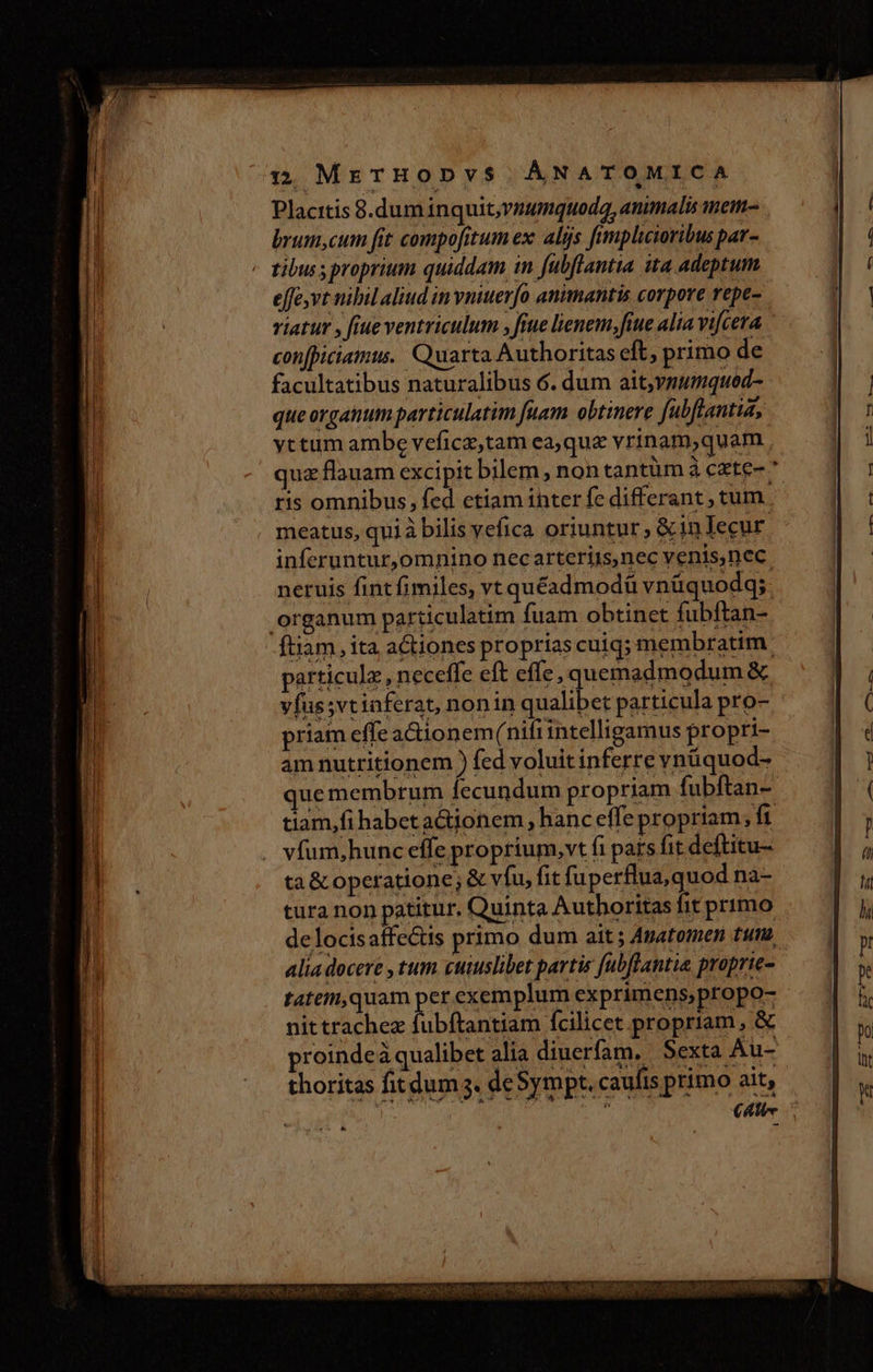 Placitis 8.duminquit,vzumquodg, animalis anem- brum,cum fit compofitum ex alijs fuimplicioribus par- tibus , proprium quiddam in fubflantia ita adeptum effe, vt nibilaliud in vniuer[o animantis corpore repe- riatur , fiue ventriculum ,fiue lienem, fiue alia vifcera. confpiciatmus.. Quarta Authoritas eft, primo de facultatibus naturalibus 6. dum ait,ymumqued- queorganum particulatim fuam obtinere fubftantia, yttum ambe veficz,tam ea,que vrinam,quam quz flauam excipit bilem, non tantüm à czte-  ris omnibus, fed etiam inter fc differant , tum meatus, qui à bilis yefica oriuntur &amp;in Jecur. inferuntur,omnino necarteriis,nec venis,nec neruis fint fimiles, vt quéadmodü vnüquodq;. organum particulatim fuam obtinet fubftan- -ftiam, ita actiones proprias cuiq; membratim. particulz, neceffe eft effe, quemadmodum &amp; víus;vtinferat, nonin qualibet particula pro- - priam effe a&amp;ionem(nifrintelligamus propri- am nutritionem ) fed voluit inferre vnüquod- que membrum fecundum propriam fubftan- tiam,fi habet a&amp;tionem hanc effe propriam, fi vfum,hunc effe proprium, vt fi pars fit deftitu- ta &amp; operatione; &amp; vfu, fit fuperflua,quod na- türa non patitur. Quinta Authoritas fit primo delocisaffe&amp;is primo dum ait ; Amatomen tune alia docere , tum. cuiuslibet partie fubflantia proprie- tatem,quam per exemplum exprimens, propo- nittrachez lubftantiam fcilicet propriam , &amp; proinde à qualibet alia diuerfam. Sexta Au- thoritas fit dum s. deSympt. caufis primo ait, | aoo uo M oauA E id Ci E xci oido tet etes t ED VEN QE MS NT ius Mee us SERRE