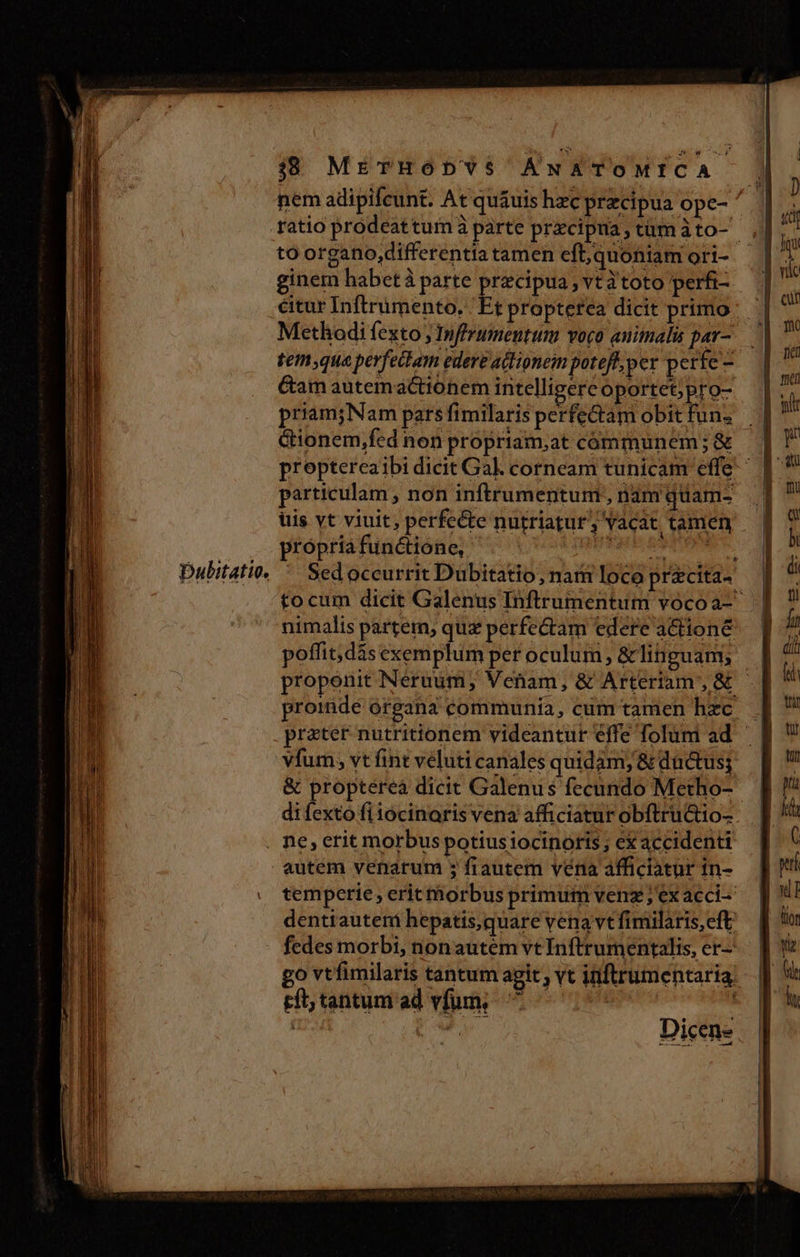 pubitatio, nem adipifcunt. At quáuis hzc precipua ope- ' ratio prodeattumà parte prxcipua,tümàto- | to organo,differentiatamen eft,quoniam ori- — | ginem habet parte precipua, vtàtoto perfi- Methodi fexto ; mnf'rumentum voco animalis par--— | temque perfectam edere adlionein potefl, per perfe —- Cam autemactionem intelligere oportet; pro- priam;Nam pars fimilaris perfectam obit funs G&amp;ionem,fed non propriam,at communem; &amp; particulam, non inftrumentum , namquam- . üis yt viuit, perfecte nutriatur Vácat tamen | propria functione, dub ia d Sed occurrit Dubitatio, nam loco precita- tocum dicit Galenus Inftrumentum voco a-^ nimalis partem; quz perfectam edere action&amp; poffit; dás exemphim per oculum, &amp;lihguam; | propenit Neruum, Vcham, &amp; Arteriam X proinde organa communia, cum tamen hzc. prater nutritionem videantur effe foluni ad vfum, vt fint veluti canales quidam; &amp; ductus &amp; proptereà dicit Galenus fecundo Metho- difexto fi tócinaris vena afficiatur obftructio- autem venarum ; fiautem vena afficiatur in- temperie eric morbus primum venz ; ex acci- dentiauteni hepatis,quare vena vt fimilaris,eft fedes morbi, nonautem vt Inftrumentalis, er- go vtfimilaris tantum agit ; vt inftrumentaria tft; tantum ad vfum, ^ - sd |