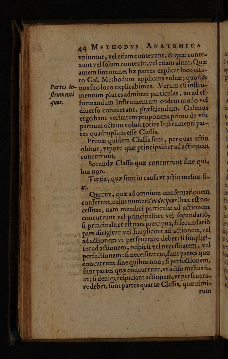 vniuntur, veletiamcontexunt, &amp; quz conte- xunt vel folum contexüt,vel etiam alunt.Quz autem fintomnes ha partes explicat loco cita- ...to Gal. Mcthodum applicans vuluz; quod&amp; Partes tn- nosíuoloco explicabimus. Verum cü inftru- frumenti! mentum plures admittat particulas ,anadef- quot, formandum Inftrumentüm eodem modo vel diuerfo concurrant, przfciendum. Galenus ergo hanc veritatem proponens primo de víu partium octauo voluit totius Inftrumenti par- tes quadruplicis effe Claffis. id. Primz quidem Claffis funt, per quas actio obitur, ytpote que principaliter adactionem concurrunt, Secundae Claffis que concurrunt fine qui» bus non. essa dai Dad CUP LNDK Tertiz, quz funt in caufa vt actio mclius fi- M. vins WCEDIMT Quartz , quz ad omnium conferuationem conferunt,cuius numeri(zi dec ir )hzceltne- ceífitas, nam membri inns ad actionem concurrunt vel principaliter vel (ccundarió, fi principaliter eft pars przcipua, fi Íecundarió | pars dirigitur yel fimpliciter ad aCctionem,vel | ; adaCtionem vt perfeuerare debet; fi fimplici- | | ter ad actionem, refpicit yelneceffitatem, vel | perfectionem : (i neceffitatem,funt partes que concurrunt fine quibusnon ; fi perfe&amp;ionem, (unt partes quz concurrunt; vt actio melius fi- at ; fideniq; refpiciant actionem,vt perfeueras | re debet, funt partes quartz Claffis, qua nimi-. | RE rum ;