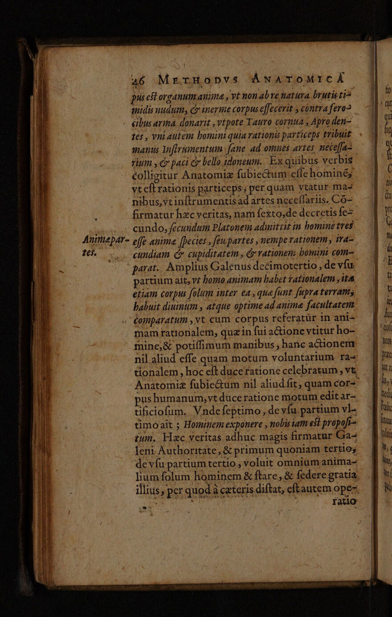a6 MrrHopvs ÁNwATOMICÀ puis est organuumamima , vt non abre matura brutis ti anidis nudum, cy inerme corpus effecerit y cóntva fero? éibus arina. donarit , vtpote Tauro cormta , Apro den- 165 , vni 4utem bomini quia rationis particeps tribuit sanus Yoffrtinentum fane ad omues artes, neiefas fitm y C paci cr bello idoneum. Ex quibus verbis colligitur Anatomiz fubiectum cfle hominé; vt eft rationis particeps; per quam vtatur ma nibus, vt inftrumentis ad artes neceffariis. Có- firmatur hac veritas, nam fexto,de decretis fe* cundo, fecundum Platonem admittit in homine tres AuttilépAT- effe anima [Dectes , feu partes nempe rationem, ira- j . . cundiam Cr cupiditatem , y rationem. bomini com- parat. Amplius Galenus dectmotertio , de víu partium ait, vt bomo aniinam babet rationalem ,ita etiam corpus folum inter ea, qua funt fupra terratis habuit diuinum , atque optime ad anime facultatem £otparatum ,vt cum corpus referatür in ani- mamrationalem, quz in fui a&amp;ione vtitur ho- mine; &amp; potiffimum manibus , hanc actionem nil aliud effe quam motum voluntarium ra- ' tionalem, hoc eft duce ratione celebratum , v&amp; Anatomiz fuübie&amp;tum nil aliudfit, quam Cors pus humanum,yt duceratione motum editar- tificiofum. Vndefeptimo, devíu partium vl. timoait ; Hominem exponere , nobis iam est propofi- tum. Hc veritas adhuc magis firmatur Ga- - Jeni Authoritate, &amp; primum quoniam tertio; devíu partium tertio , voluit omniumanima- lium folum hominem &amp; ftare, &amp; federe gratia illius, per quod à ceteris diftat, eftautem opez PE NA ME fatio