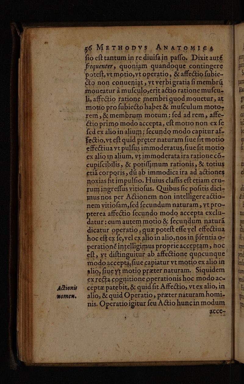 Actionis 40HCM. 56 MsTBopvs, ANATOMIEA fio cfttantum in re diuifain paffo, Dixitauté frequenter, quoniam quandoque Eee &amp;o non conueniat , vt verbigratia fi membrü moueatur à mufculo,erit actio ratione mufcu- li, affeGio ratione membri quod mouctur, at motio pro fubie&amp;to habet &amp; mufculum moto: rem , &amp; membrum motum; fed ad rem, affe- &amp;io primo modo accepta, eft motro non ex fe fed ex alio in alium; fecundo modo capitur af- fe&amp;io,vt eft quid preter naturam fiue fit motio effc&amp;tiua vt pulfus immoderatus,fiuefit motio cx alio 1n alium, vtimmoderataira ratione có- cupifcibilis, &amp; potiffimum rationis, &amp; totius etiá corporis, dü ab immodicaira ad actiones noxias fitim ulfio. Huius claffis eft etiam cru- rum ingteffus vitiofus. Quibus fic pofitis dici- musnos per Actionem non intcelligereactio- nem vitiofam,fed fecundum naturam, yt pro- pterea affectio fecundo modo accepta exclu- datur; cumautem motio &amp; fecundum naturá | dicatur operatio , quz poteft effe yel effe&amp;tiua hoc eff ex fe, vel ex alio in alio, nosin pfentia o- perationé intelligimus proprieacceptam, hoc eft, yt diftinguitur ab affectione quocunque modoaccepta,fiue capiatur vt motio ex alio in alio, fiue yt motio prater naturam, Siquidem ex recta cognitione pperationis hoc modo ac« ceptz patebit, &amp; quid fit Affe&amp;io, vt ex alio, in alio, &amp; quid Operatio, prater náturam homi- nis. Operatioigitur feu Actio huncin modum acce-