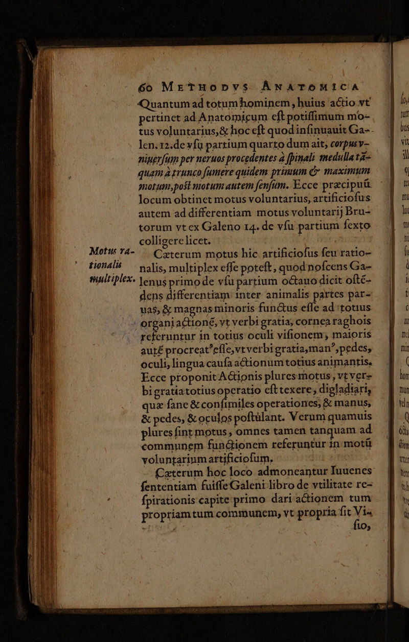 Quantumad totumhominem, huius actio vt pertinet ad Anatomigum eft potiffimum mo- tus voluntarius, &amp; hoc eft quod infinuauit Ga-. lcn. 12.de vfü partium quarto dum ait; corpusv- niugrfum per neruos procedentes à pinali medulla tz quam à trunco famere quidem. primum c maximum smotum,post motum autem fenfum. E.cce precipuü locum obtinet motus voluntarius, artificiofus autem ad differentiam motus voluntarij Bru- torum vt ex Galeno 14. de vfu partium fexto colligere licet. eua Moti5 4-.— Ceterum motus hic artificiofus feu ratio- Pional — vais, multiplex effe poteft, quod nofcens Ga- multiplex. lenus primode vfu partium octauo dicit ofté- dens differentiam 1nter animalis partes par- vas, &amp; magnas minoris functus effe ad :totius rganiaction£, vt verbi gratia; cornea raghois fpirationis capite primo dari actionem tum propriamtum communem, vt propria fit Vi« * de Ne