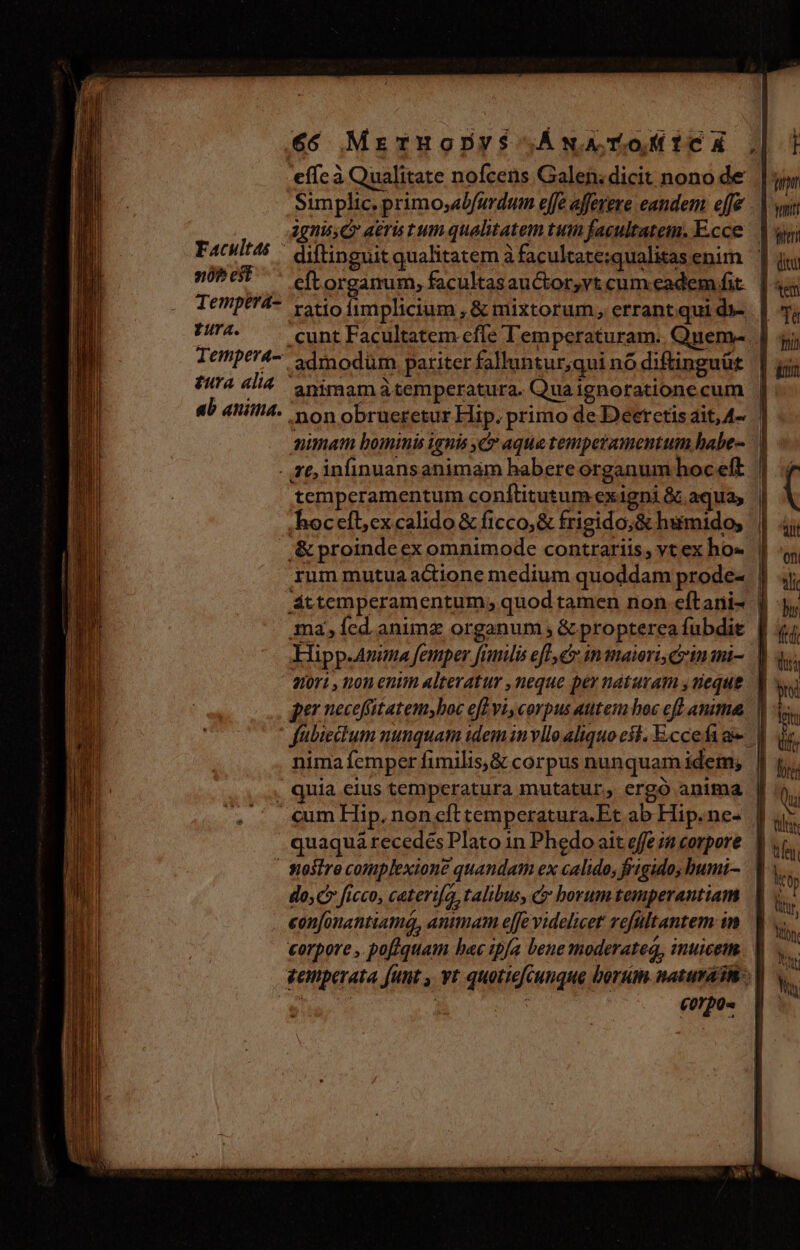 effc à Qualitate nofcens Galen; dicit nono de Simplic. primo;abfurdum effe affevere eandem. effe gnis aeris tum qualitatem tum facultatem. E.cce Facultas - diftinguit qualitatem à facultate:qualitasenim ' nobts e organum, facultasau&amp;or,vt cum.eadem fit. | Temptrá- vcio fimplicium , &amp; mixtorum, errantqui d»- 7/4. . cunt Facultatem effe l'emperaturam. Quem- | Temper- ;dimodüm pariter falluntur;qui n6 diftinguür. |] pura 4l animam temperatura. Qua ignorationecum | ab atiiti4. on obrueretur Hip. primo de Deeretisait,A4- | nimam bominis ignis C aque temperamentum habe- || - ze infinuansanimam babere organum hocelt | temperamentum conftitutum exigni &amp; aqua, | .hoceftex calido &amp; ficco,&amp; frigido; &amp; humido, .&amp; proinde ex omnimode contrariis, vtex ho« | rum mutua actione medium quoddam prode-. | áttemperamentum; quod tamen non eftani- | ma, fed. animz organum ; &amp; propterea fubdit | KHipp.Anmma femper fiulis efte in maieri ertnani-. d 20r1 , non entm alteratur ,neque per naturam ,tieque. o per neceftatem;hoc efE vi, corpus autem hoc eft amma | fübietum nunquam idem in vllo aliquo est. E.ccefi ae. nima femper fimilis,&amp; corpus nunquam idem; | . quia eius temperatura mutatur. ergó anima €um Hip. non eft temperatura.Et ab Hip.ne- quaqua recedes Plato in Phedo ait offe i4 corpore - fiosire complexione quandatn ex calido, frigido, humi- do, C ficco, cateri[a, talibus, c borum temperantiam eon[onantiamq, antmam effe videlicet vefültantem im | corpore , poftquam hac ipfa bene moderateq, inuicetm. zeiperata [unt , vt quotiefcunque borum naturasm-. V uer | ne mpm *