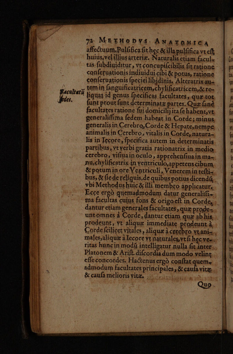 7». MEzHobDYVS. AN ATOMICA affectuüm.Pulfificafith * liquas id genus fpecificas facultates, quztot | unt proutfunt determinatz partes. Quz fané. | facultates ratione fui domicilij ita fe habent,vt generaliffima fedem habeat in Corde;minus | generalisin Cerebro, Corde &amp; Hepate,nempe . , animalisin Cerebro, vitalisin Corde, natura. lis in Iecore; fpecifica autem in determinatis partibus, vt verbi gratia rationatrix in medio cerebro, vifiuainoculo, apprehenfiuain ma. nu;chylificatrix in yentriculo,appetens cibum. &amp; potum in ore Ventriculi, Veneremin tefti- bus, &amp; fic de reliquis,de quibuspotius dicendá. vbi Methodus huic &amp; illi membro applicatur. . | Ecce ergo quemadmodum datur generaliffi-.. ma facient cuius fons &amp; origocft in Corde, dantur ctiam generales facultates, qua prode-.. untomnes à Corde, dantur etiam quz ab his, prodeunt, vt alique immediate prodeunt à Corde fcilicet vno alique à is ytanis.. males,aliqux à Iecore vt naturales vtfi hec ves... ritas huncin modii intelligatur nulla fit inter. Platonem &amp; Arift. difcordia dum modo veling effe concordes. Ha&amp;enus ergo conftat quem. admodum facultates principales, &amp; ori vita. &amp; caufa melioris vita. -