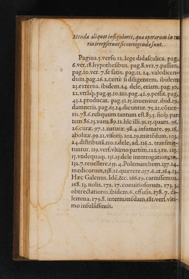 Pagina.5.verfu 12.lege didafcalica. pag] 6.ver.18.hypothefibus. pag.8.ver.7.paffim.] pag.1o.ver. 7.fe fatis: pag.11. 24. valedicen4l dum.pag.26.2.ceité fi diligentem. ibidemg 2;1.externa. ibidem.24. dele, etiam. pag.3o; 22. VtrA Qs. pag.37.1o:tiis.pag.42.9.poffit. pag. l| 43.2.producar. pag.51.15. inuenitur. ibid.ro.] damneris. pap.6;.14.dicuntür. 75.21.cóuer-]| tis.73.6.reliquum tantum eft.85.5. ficQ;. pari tem.86.15.vana.89.12. hic illi.91:5.00am. 96.] 26.cürz. 97.2. natura. 98.4. infamate; 99.16. abolitz.99.21.viforij. 102.19. mittédum. 193,]] 24.diftribut&amp;.rro.r.dele; ad. 116.2. tranfmit- tuntür. rrg.verf;vltimo partim.122.5.tu. 125..]| ij.vndequaq;. 131.1.dele interrogationem. || 132.7.reuellere.155; 4.Polemarchum.137.14.| inedicorum;158.21.quarcre;157.6.2t.164-134]]| Hzc Galenus. Idé.&amp;c. 166.19. carüiffemus.]| 168. 15, nolis. 172; 17. conuitioforufn. 173. 3] obtrectationis.ibidem.6. effufis.178. 7. di-| lemma.179.8. intertmittedama8rverbvla- | mo infulfiffimis.