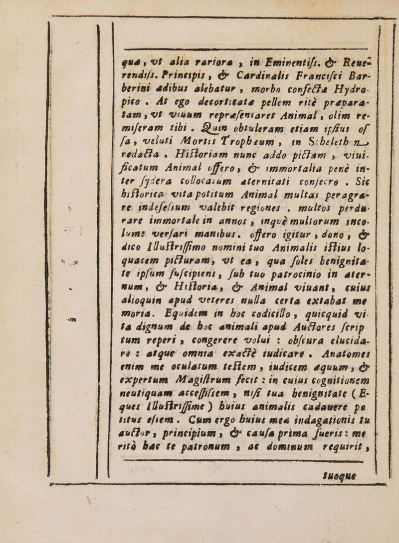 | qu4 , VU! alia rariora , iti Emirentifs. Qv. Rene- | | rendi/i. Prinespis , € Cardinalis Francifei. Bar- berini aedibus. alebatur ,- morbo confec]a Hydra. pico . A£ ego decortitate pellem rit prepara- | | fam ,'Ut iuum reprefeniaret Animal , olim re- | | miferam tibi. Quin obtuleram etiam if/fas. of. | | fa, vvtluti. Mortis Tropheum , 1n Schbelbono | redaéia . Hifloriam nunc addo piclam , «viui. | fcatum. Animal offero y € immortalia pené im- | | der fysera colocaiaum aternitati confecire . Sie | | biflorico- vita potitum. Animal multas peragra- | re indefelsum. | valebit regiones . multos. perdu | | rare immortale in. annos , inqué muliorum inco- | | jvme verfari matuibus. offero igitur , doro , Pv - dto Illufiriffimo nomini tua. Animalis illius lo- quacem pilduram, «9t ea, qua files benignita-. ge ipfum fufcipient, fub tuo patrocinio in ater- | num, (v Hifloria, d» Amimal viuant, cuiut alioquin apud veteres nulla certa extabat me | moria. Equidem im boc codicillo, quicquid vi. fa dignum de boc animali apud Autores ferip. | tum reperi ». congerere volui : obfcura elucida- | re : atque omnia exacià iudicare .. Anatomer | enim me ocularum. teliern , iudicem equum , Cr | expertum. Magiflrum fecit : in cuius cognitionem | neutiquam acceffsem , mif tua. benignitate ( E- | || ques Llafirifime ) buius animalis cadauere po | [ titus efiem.. Cum ergo buius me indagationis tu | author, principium , Ó* caufa prima fueris: me. | rifà bac te patronum » a€ dominum requirit | Iuoque CASPRURRCRUERGURTERRRGERS DERE SASRERSE D.