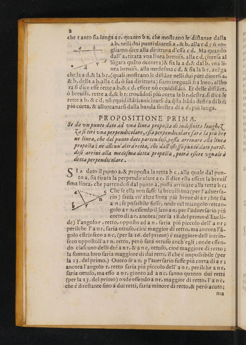 che tanto fialunga ar. quanto b s, che moftrano le/diftanze dalla. ab, nellidui puntidiuerfia , & b allacd ; ó vo- s ub ah gliamo dire alla dirittura d'effa c d. Ma quando : t dall'ajtirata vnalinea breuifs, alla c d, (intefa al Ww 73 lügataquáto Ooccorra)& fiala a d;& dal b, vna li- Nu d nea breuifs. alla medefma c d, & fia la br, aucca chelaad,&labr,(quali moflranole diftaze nelli dui püti diuerfi a, & b, della a b,alla c d, Ó fua dirittura) fiano ineguali fra loro; allho rà fi dice efferettea b,& c d; eflere no equidifiati. Et delle difiaze, Ó breuifs. rette a d, & br; trouádofi pi corta la b rdeftra,fi dicele rettea b; & cd, nóequidiftatiauicinarfi da qfta bàda deflra dibrs pié corta, & allontanarfi dalla banda finiftra di a d, piülunga. - I^ datoil punto a;& propofta la retta b c , alla qnale dal pun- to a, fia tirata la perpendicolarea v, fi dice ella effere la breuif fima linea, che partendofi dal punto a, poffa arrinare alla retta b c; c Chefe ella non fuffe la breuifsima(per l'aduerfa- 7x7 rjo)faria vn altralinea piü breuediar;hórfia a n ;fe pofsibile fuffe; onde nel triangolo rettan- golo ar n»eflendoil latoa n, per l'aduerfario pià corto di ar, ancora(perla 18:del primo d'Eucli- de) l'angolor ; retto; oppoíto ad a n, faria piü piccolo dell'anr; périlche l'anr, faria ottufo; cio maggior di retto; ma ancora l'à- golo eftrinfeco anc, (perla 16. de! primo) e maggiore dell'intrin- feco oppoftoli a t n, retto, peró fara ottuío anch'egli ; onde cffen- do ciafcuno delli duianr, & a nc, ottufo, cioe maggiore diretto ; la fomma loro faria maggiore di dui retti, il che é impofsibile (per ancoral'angolo r, retto faria piü piccolo dell'anr, perilcheanr, faria ottufo, ma effo a nr, gionto ad anc, fanno quanto dui retti (perla 153. del primo) onde effendoa nr, maggior diretto, l'anc, ehe é il reftante fino à duiretti, faria minore diretto,& peró acuto; ma L!