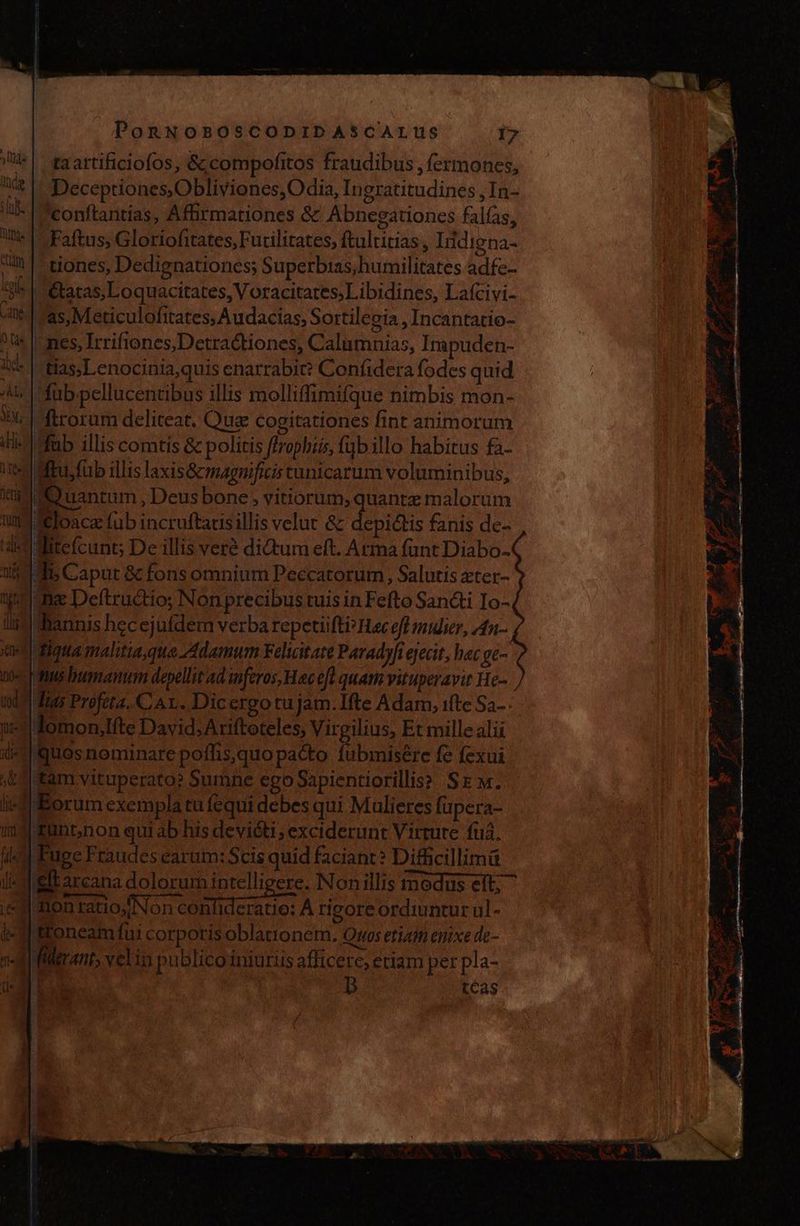 taartificiofos, &amp;;compofitos fraudibus, fermones, Deceptiones,Obliviones,Odia, Ingratitudines , In- conftantías, Afirmationes $2 Abnegationes falías, Faftus; Gloriofitates, Furilitates, ftultitias , Irdiena- 1|: tiones, Dedignationes; Superbias,humilitates adfe- «le | Etatas,Loquacitates, Voracitates,Libidines, Lafcivi- vas, Meticulofitates, Audacias, Sortilegía , Incantatio- nes, Irrifiones,Detradtiones, Calumnias, Impuden- «tias;Lenocinia,quis enarrabic? Confidera fodes quid füb.pellucentibus illis molliffimifque nimbis mon- ftrorum deliteat. Que cogitationes fint animorum dub illis comtís &amp; politis ffropbiis, fübillo habitus fa- Miu füb illis laxis&amp;cmagnificis tunicarum voluminibus, d Quantum , Deus bone; vitiorum, quante malorum Jéloace fub incruftatisillis velut &amp; depiétis fanis de- 3 Mitefícunt; De illis veré dictum eft. Arma fant Diabo. Jl, Caput &amp; fons omnium Peccatorum, Salutis eter- me Deftructio; Non precibus tuis in Fefto Sancti Io- hannis hecejuídem verba repetiifti»Hac off mier, An- Hqua malitia,que Adamum Felicitate Paradyfi ejecit, hac ge- us humanum depellit ad imferos, Hac ed quam vituperavit He | dias Profeta, CAL. Dicergo tujam.Ifte Adam, iftc Sa- lomon,!íte David, Ariftoteles, Virgilius, Et millealii Quos nominare poffis,quo pacto fubmisére fe fexui 4 fam vituperato? Sumne ego Sapientiorillis? Sz w. li dEorum exempla tu fequi debes qui Mulieres fupera- muntnon qui ab his devicti; exciderunt Virtute fuá. Fuge Fraudes earum: Scis quid faciant? Difficillimá Eltarcana dolorum intelligere. Nonillis modus eit; ^ + aon ratio Non edo: À rigore ordiuntur ul - 4] Etoneam ful corporis oblationem. Quos etiam enixe de- ned fülerant, velin publico iniuriis afficere; etiam per pla- | I ICas Us e