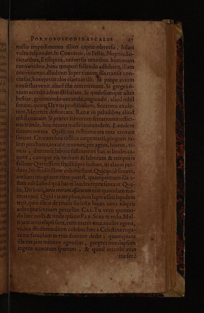 aquo met Y o- tanto MA, d di PonNoROSCODIDASCALUS 27 nullo impedimento illico capite obverfo , hilari vultu refpondet.In Conviviis , in Feftis, Nu ptiis,So- cietatibus, Exfequiis, univerfis omnibus hominum conyentibus,hanc tempori fallendo adhibent, illam convitianturlludunt: Si per canum illa tranfit con- curfüs;hosejustitulos elaancilli. $i prope avium confeffus venit,aliud illa nonrecinunt. Si greges o- vium acceditidem ift balant. Si qualefcunque alias beftias, grunniendo oncando,rügiendo, aliud nihil fonanr, quam Ue rus proftibulum, Scortum exole- tam, Merettix defloccata. Rane in paludibus aliud fonumomnia. Opificum inftrumenta tota civitate fonant. Cantanthos titúlos carpentarii;pingunt ta- lem pinctores;texuht textores,per agros, hortos , vi- neas , diurnolelabore füftinentes has ei laudes ca- nunt , cumque eis tredium &amp; laborum &amp; temporis dunt,his ticulisillam cohoneftant.Quicquid fonum, lis, Ditboni,lurco ovorum affatorum erat quondam ma- ritus ejus: Quid vis amplius,non lapisulluslapidem terit,quin illico de titulis fcelefte hujus anus aliquis autes przfentium percellat. CAr.Tu vero quomo- vicina ifti domicilium colebat:hzc à Celeftina roga- illa mejam minime agnofcat , propter interlapfum mefer¿