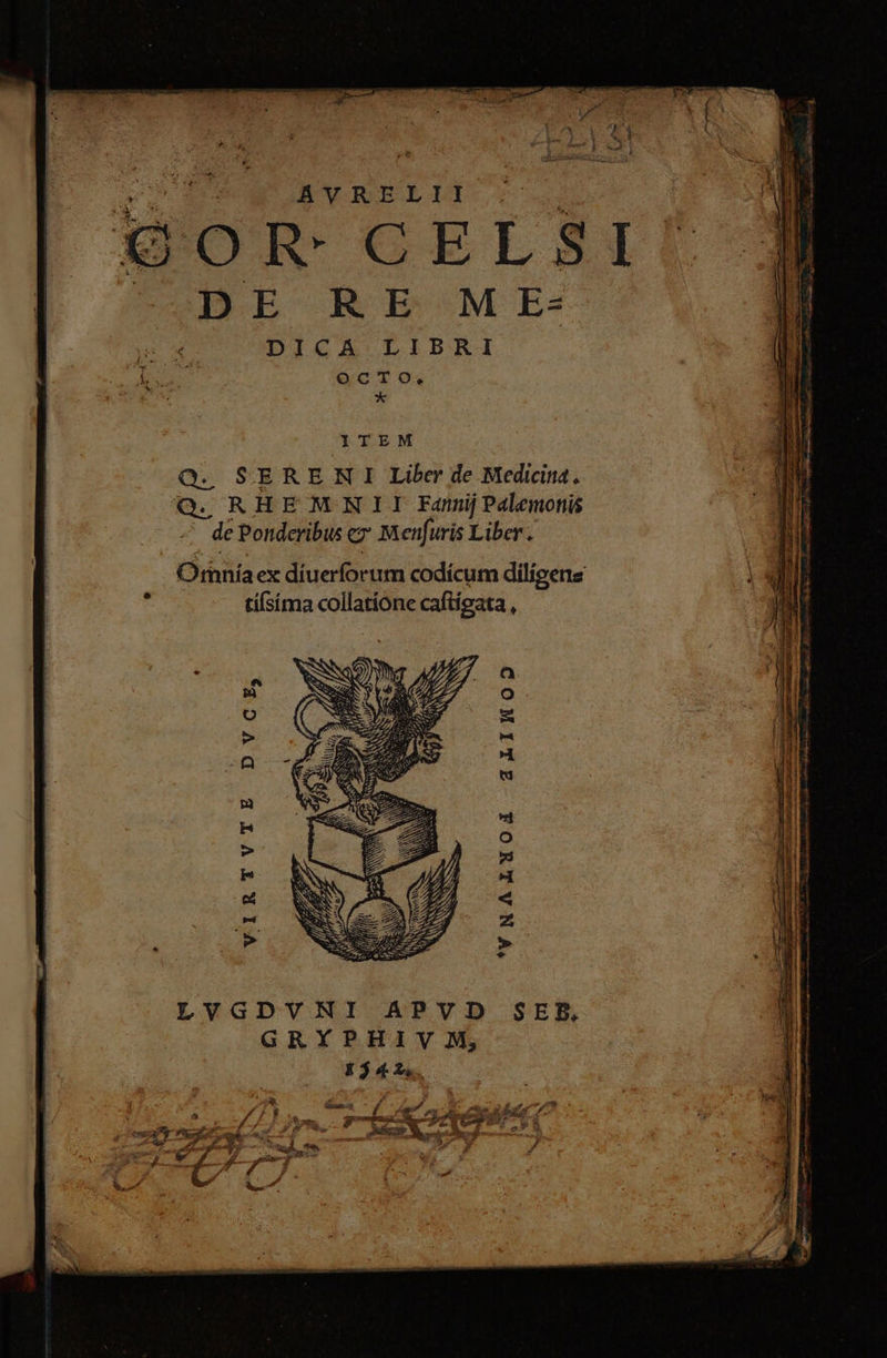 yp4 s | BYREIDIC]D | £OR- CELSI DE RE ME- DICA LIBRI OCTO, * -UWMK T TEM Q. SERERNI Liber de Medicina. Q. RHEMNII EFanij Palemonis - dePonderibus e» Menfuris Liber. Omníaex díuerforum codícum diligen tiísíma collatione caftígata , VIRTVTE 'V NAAWOZX LVGDVNI APVD SER, GRYPHIY HM,