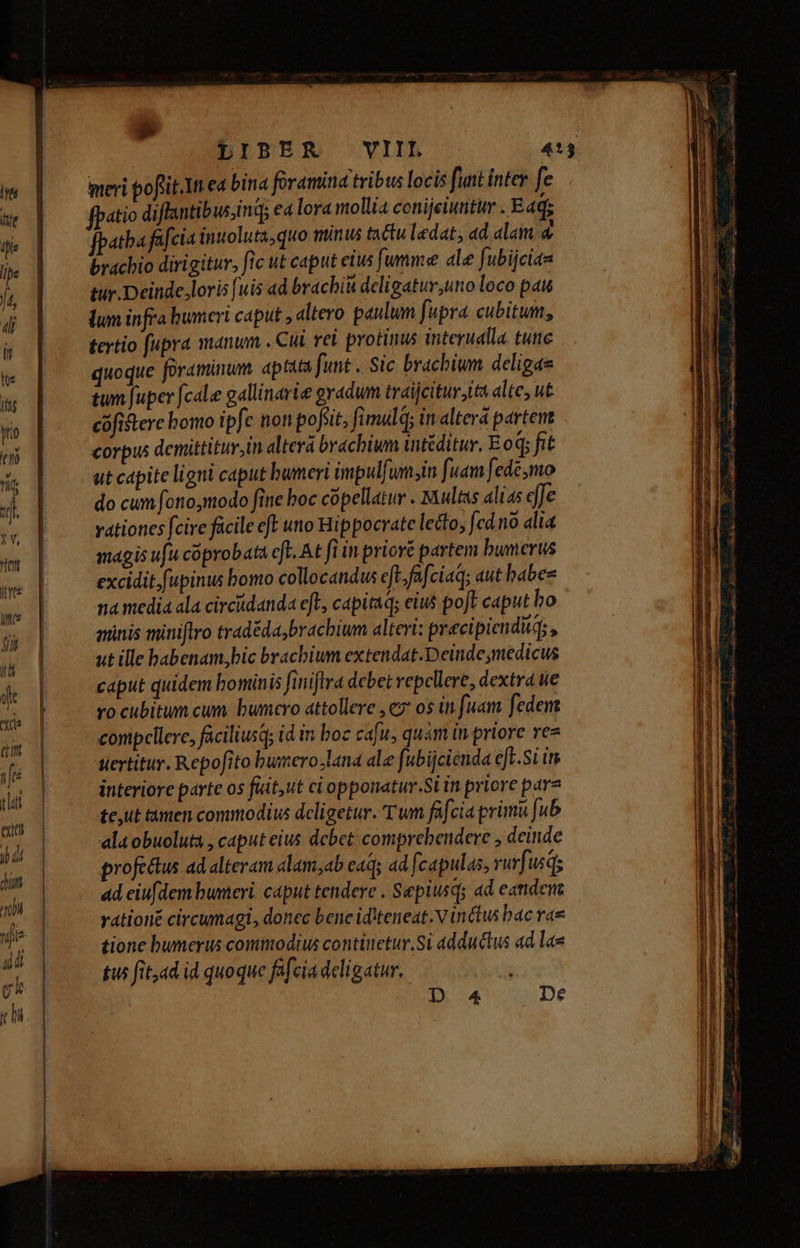 €————————— P Á LIBER meri poftit.1n ea bina foramina tribus locis funt inter fe atio diflantibus,ind; ea lora mollia conijeiuntur . E4q; fpatba fafcia inuoluta;quo minus ta&amp;tuledat, ad alam &amp; brachio dirigitur, fic ut caput eius fumme ale fubijcias tur.Deinde,loris [uis ad bracbiu deligatur,uno loco pau lum infra humeri caput ; dlitero paulum fupra. cubitum, tertio fupra manum . Cui rei protinus interualla. tutte quoque foraminum aptata funt. Sic brachium deligae tum fuper (cale gallinarie gradum traijcitur ita alte, ut cofitere bomo ipfe non pofiit, fi mulq; in alterá partent corpus demittitur,in alterá brachium intéditur, Eo q; fit ut capite ligni caput bumeri impul[um;in fuam [ede mo do cum fono,modo fine boc copellatur . Multas alias effe vationes fcire facile eft uno Hippocrate lecto, fcd no alia magis uu cóprobata eft. At fi in prioré partem bumerus excidit. fupinus bomo collocandus eft. fafciaq; aut habeo na. media ala circiidanda eft, capitaq; eius poJt caput bo quinis miniflro tradéda, brachium alteri: precipiendiq , ut ille babenam,bic brachium extendat.Deinde medicus cáput quidem bominis finiftra debet repellere, dextra ue ro cubitum cum. bumcro attollere , € os in fuam fedem compellere, faciliusq; id in boc cafu, quam in priore re« uertitur. Repofito bumero;lana ale fubijcienda eft-Si in interiore parte os füit,ut ci opponatur.Si in priore para te,ut tamen commodius deligetur. 'T m fafcia primi fub ala obuoluta , caput eius dcbct: comprehendere , deinde profe&amp;us ad alteram dlam,ab caqy ad fcapulas, vurfusqg 4d eiufdem bumeri. caput tendere . Sepiusq; ad eadeni rationé circumagi, donec bene id'teneat.V inclus bac rae tione bumerus commodius continetur, Si adductus ad las tus fit,ad id quoque fafcia deligatur. à. Ame: tI i ag Rea ING a Ete 1 D