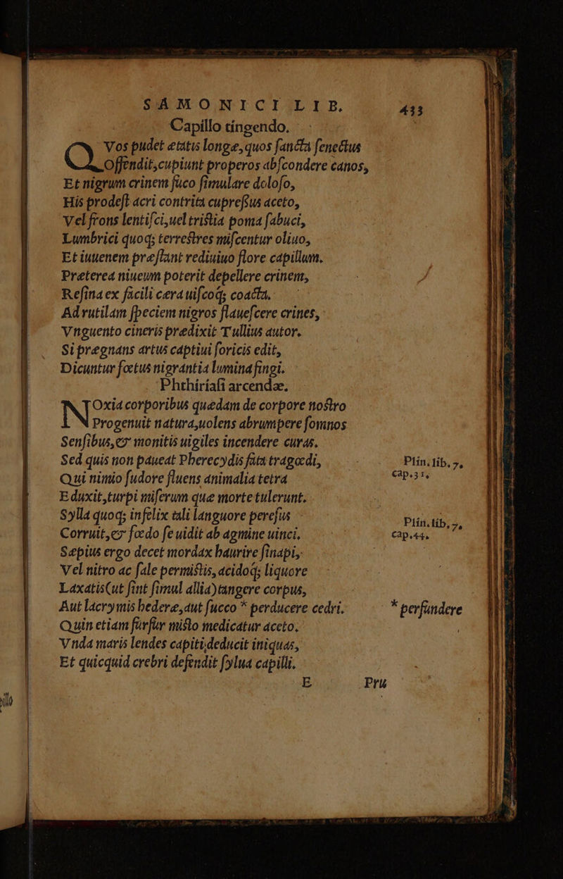 Capillo cíngendo. Vos pudet etatis longe, quos fancta fenettus CO opi properos abfcondere canos, Et nigrum crinem fuco fimulare dolofo, His prode[l acri contrita cupref&us aceto, Vel frons lentifciuel tristia poma fabuci, Lunbrici quoq; terrestres mifcentur oliuo, Et iuuenem prefTant rediuiuo flore capillum. Preterea niuewm poterit depellere crinent, Refina ex facili cera uifcoq; coacta. Ad rutilan fpeciem nigros flauefcere crines, Vnguento cineris predixit T ullius autor. Sipregnans artus captiui foricis edit, Dicuntur foctus nigrantia lumina fingi. Phthíríafi arcendae. Oxia corporibus quedam de corpore ttostro Progenuit natura,uolens abrumpere fomnos Senfibus,e2 monitis uigiles incendere curas. Sed quis tio paueat Pherecydis fata tragocdi, Qui nimio fudore fluens animalia tetra E duxit,turpi miferum que morte tulerunt. Sylla quoq; infelix zali languore perefus Corriit,c7 foedo fe uidit ab agmine uitici, Sepius ergo decet mordax baurire finapi, Vel nitro ac fale permislis, «cidoq; liquove LaxatisCut fint fimul allia)tangere corpus, Aut lacrymis bedere,4ut fucco * perducere cedri. Quin etiam fürfur misto medicatur aceto. Vtda maris lendes capitüdeducit iniquas, Et quicquid crebri defendit fylua capilli. E Plin, lib, 7e Cap.3 x Piín. tíb, 7» £2p.44, * perfandere a oclo MERE 1 di. n RI rm gil i au 5
