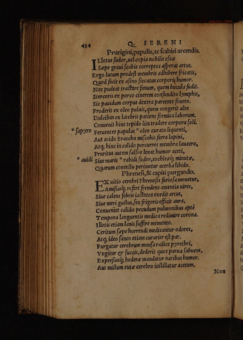 Prurigini,papulis;ac fcabiei arcendis, I füdor,uel copia tiobilis efcee Sepe graui fcabie correptos dfperat artus. Ergo lutum prodeft membris adbibere fricatis, Quod ficit ex afinio ficcatus corpori bumor. Kec pudeat tractare fum, quem bucula fudit. stercoris ex porco ciierem confundit lymphis, sic pauidum corpus dextra parcente foueto. proderit ex oleo puluis, quem congerit alte Dulcibis ex latebris patiens formica laborum, Conuenit hinc tepido lita tradere corpora foli. Aut acido Brccho mifcebis favra lupint, Atq; binc in calido percurres membra lauacro, pruritus autem falfos leuat bumor aceti, Quarum contactu perimetur acerbalibido. Phrenefi,& capiti purgando, EX uitio cerebri Pbrenefis fariofa mouetur, Amiftasqs vefert frendens amentia wires, Siue calens febris iactatos exedit artus, Siue meri guftus.fen frigoris efficit aura, Conueniet calidis pecudum pulmonibus apté Tempora languentis medica redimire corond. lotis etim lanis fuffire memento. Ceritum fepe borrendi medicantur odores, Atq; ideo fanos etiam curdrierefe par. — vurgatur cerebrum manfa radice p yretbri, vngitur ex fuccis, dederit quos parua fabucus, Exprefiusq; bedere mandatur náribus bumor. Aut mium rute cerebro instllatur acetum, Non