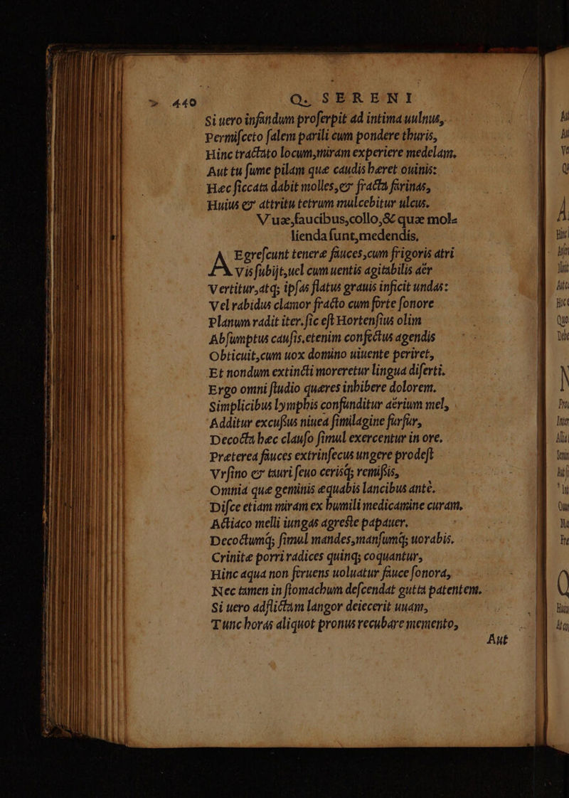 si uero infatidum proferpit ad intima uulnus, Permifccto falem parili eum pondere thuris, Hinc tractato locum,miram experiere medelam, Aut tu fume pilam que caudis beret ouitis:. Hec ficcata dabit molles,ez fracta favinas, Huius ez attritu tetrum mulcebitur ulcus, V'uzejfaucibus,collo,& quae mol- lienda funt,medendis, AE grefcunt tenere fauces,cum frigoris atri vis fubijt,uel cum uentis agitabilis aér Vertitur,atq; ipfas flatus grauis inficit undas: velrabidus clamor fracto cum forte [onore planum radit iter.fic eft Hortenfius olim Ab[umptus caufis.etenim confectus agendis Obticuit,cum uox domino wiuente periret, Et nondum extincti moreretur lingua diferti. Ergo omni ftudio queres inbibere dolorem. simplicibus lymphis confunditur aérium mel, Additur excufius niued fimilagine fovfur, Decocfa bec claufo fimul exercentur in ove. Preterea fauces extrinfecus ungere prodeft Vrfino c7 tauri feuo cerisqs vemifsis, Omtid que genitis equabis lancibus ante. Dice etiam miram ex bumili medicamine curam, Acliaco melli iungas agreste papauer. Decoctumd; fimul mandes,manfumq; worabis, Crinite porri radices quinqs coquantur, Hitic 4qua non feruens uoluatur fauce fonora, Nec tamen in flomacbwm de[cendat gutta patentem. Si uero adflictam langor deiecerit uuant, | Tutic boras aliquot promus recubare memento, Aut