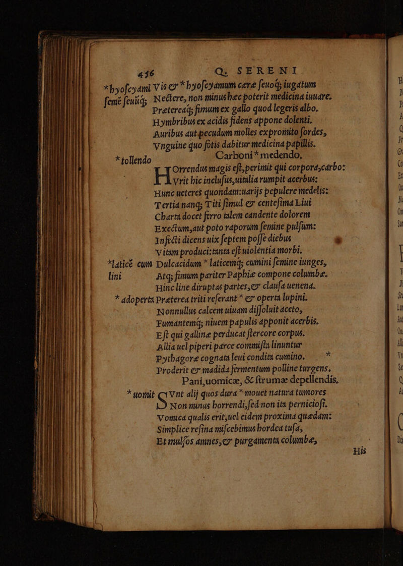 *byofcyami V5 2 hyofcyamum cere feto; iugatum femé feug N ectere, tron minus bec poterit medicina iuuare. Pretereaq; fimum ex gallo quod legeris albo. dH ymbribus ex acidis fidens appone dolenti. Auribus autpecudum molles exprotitito fordes., vnguine quo fotis dabitur medicina papillis. * tollendo Carboní* medendo, HE magis eft perimit qui corpordscarbo: Vrit bic inclufus,titalia rumpit acerbus: Hunc ueteres quondam:uarijs pepulere medelis: Tertia nang; T iti fimul ey centefima Liui Charta docet ferro talem candente dolorem Exectumaut poto vaporum fenüne pulfum: 1nfcdti dicens uix feptem pojJe diebus vitam produci:tanta eft wiolentia morbi. *[aticé cum Dulcacidum * laticemq; cumini femine iunges, lini Atq; fanum pariter Papbie compone columbe. uinc line diruptas partes,cz claufa uenena. * adoperta Preterea triti veferant ^ e operta lupini. Nonnullus calcem uium difJoluit aceto, Fumantem; niuem papulis apponit acerbis. Eft qui galline perducat flercore corpus. Allia uel piperi parce commifla linuntur Pytbagore cognata leui condita cumino, —— * Proderit ez madida fermentum polline turgens, Paní,uomícze, &amp; ftrumae depellendis, * tothit e alij quos dura ^ mouet natura tumores Non nnus borrendi;fed.non ita pernicioft. Vottüica qualis erit;uel eidem proxima quedam: simplice refina mifcebimus bordea tufa, Et muljos amnes,cz purgamenta columbe,