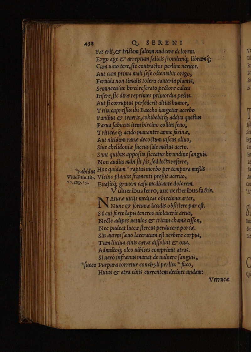 £4: erit, e triftem faltem mulcere dolorem. | Ergo age €? arreptum falicis frondemq; librumq; Cum uino tere, fic contractos perline neruos. Aut cum prima mali fefe otentabit origo, rFeruida non timidis tolera cauteria plantis, seminecis ue birci veferato pectore calces Infere, fic dire reprimes primordia pestis. Aut fi corruptus perfederit altius bumor, T rita cupre[Jus ibi Baccho iungetur acerbo Panibus ez teneris,cobibebitq; addita questus parua fabucus item bircino collita feuo, 'Triticeed; acido manantes amne farine, Aut nitidum rane decoctum uifcus oliuo, siue chelidonie fuccus fale mistus aceto. Sunt quibus appofita ficcatur birundine fanguis. Non audita mibi fit fas;fed lecta referre; *vabidus Hoc quidam  raptus morbo per tempora meftis VidcPlinAib, Vicino plantas frumenti prefsit aceruo, UMOPSS — pnafitq; grauem cafu medicante dolorem, V ulneribus ferro, aut uerberibus fa&amp;iís, Ature uitijs medicas obiecimus artes, IN Nunc ez fortune iaculis obfistere par cft. Sicul forte lapis teneros uiolauerit artus, Kette adipes uetulos e» trittm chamaci[fon, Kec pudeat lute flereus perducere porce. Sin autem [euo laceratum eft uerbere corpus, Tun lixiua cinis ceras di[Joluit e2* oua, Admistoq; oleo uibices comprimit atras. Si uero infrenus manat de uulnere fanguis, *fucco Purpura torretur concbyli perlita * faco, Huius ez: atra cinis currentem detinet undam: Verruce