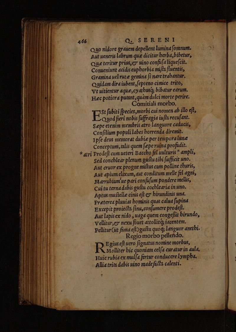 Quo nidore grauem depellent lumina fonum. Aut ueneris labrum quee dicitur berba, bibetur, Que teritur prius e uino confofa liquefcit. Conueniunt ácidis euphorbia mifla fluentis, Gramina uel rute gemina fi nave trabantur. Quidam dira iubent, fepteno cimice trito, Vt uitientur aque,cy atbusq; bibatur evum,  Hec potiora putant,quàm dulci morte perire. Comiítíali morbo. E fubiti [pecies morbi cui nomen ab illo eft Quod fieri nobis fuffragia iufta vecufant. Sepe etenim membris atro languore caducis, Confilium populi labes horrenda diremit. 1pfe deus memorat dubie per temporalume Concept, talis quem fepe vuina profudit. * atri Prodeft cum ueteri Baccho fel uulturis ^ ampli, Sed concbleay plenum gustu tibi fufficit uno. Aut cruor ex progne müftus cum polline tburis, Aut apium elixum, dut conditum melle fel agui, marrubium ue pari confafum pondere mellis, Cui tu ternadabis gustu cocblearia in uno. Aptus mustelle cinis eft e birundinis una. preterea pluuias bominis quas cala fupina Excepit proiecta finuconjumere prodeft. Aut lapis ex nido , u4g4 quem congefiit birundo, V ellitirye» ttexu fouet attollitq; iacentem. velliturCut fama eftygustu quoq; languor anetbi. R.eeio morbo pellendo. R! gius eft uero fignatus nomine morbus, Molliter bic quoniam celfa curatur in aula, [2