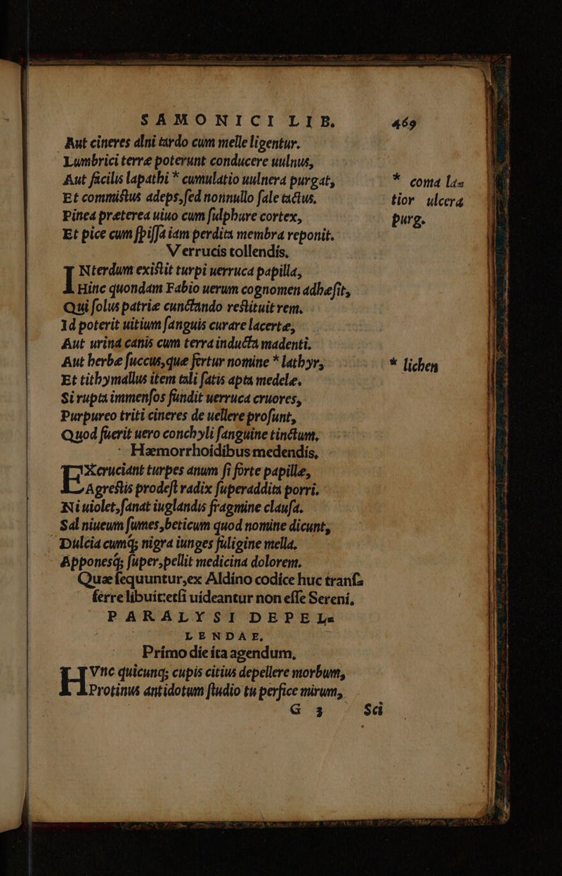 Aut cineres alni tardo cum melle ligentur. Lunmbrici terre poterunt conducere uulnus, Aut ficilis lapatbi * cumulatio uulnera purgat, Et comimistus adeps, fed notinullo fale tactus, pinea preterea uiuo cum fuilphure cortex, Et pice cum fpi[Ja im perdita membra reponit. V errucis tollendis, || Nterdum existit turpi uerruca papilla, Hitic quondam Fabio uerum cognomen adbefit, Qi folus patrie cunctando restituit vem, 1d poterit uitium fanguis curare lacerte, Aut uritid canis cum terra inducta madenti. Aut berbe fuccus, que fertur nomine * latbr, Et titbymallus item tali fatis apta medele, Sirupta immenfos fundit uerruca cruores, Purpureo triti cineres de uellere profunt, Quod fucrit uero conchyli fanguine tindum, - Haemorrhoidibus medendis, pee turpes anum fi forte papille, Agreslis prode[l radix fuperaddita porri. Niuiolet;fanat iuglandis fragmine claufa. Sal niueum [umes,beticum quod nomitie dicunt, Apponesq; fuper,pellit medicitia dolorem. ferrelibuiteti uideantur non effe Serení, PARALYSI DEPEL« : jr LENDA E, Prímo dieíta agendum, Hi quicunq; cupis citius depellere morbum, Protinus antidotum [ludio tu perfice mirum, $c * cona las tior ulcera purg. * lichen wzersurtms osttiit vtt ge e L-—- vb x c Y EUER d 3d ue á ————P €: