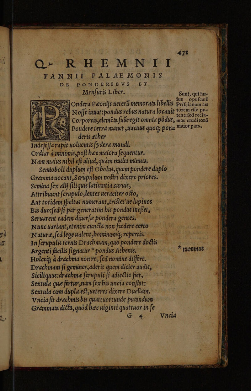 Q- RHEMNTII FANNII PALAEMONIS DE PONDERIBVS ET Menft uris Liber. Sunt, quí hir- I i. goq., JUS. Opufculí «3 ondera Paonijs ueteri memorata libellis peitcianum au ) x3 Noffe iuuat:pondus rebus natura locauit tovcm ef gu- éd :  1 . 2 tent:fed recla- $^ oq) Corporeiseleméta fuüregit omia podut, mat crudítori «3 Pondere terra manet ,uacuus quoq; pora ^ot P219» derisether /—.. | Gramma uocdnt,Scrupulum nostri dixere priores, Semina fex alij filiquis latitantia curuis, Attribuunt [crupulo;lentes ueraciter octo, | Aut totidem peltas numerant,tristes'ue lupinos | — Bisduo:fed'fi par generatim bis pondws incfet, Seruarent eadem diuerfe pondera gentes. | Nunc udriant,etenim cuncta non foedere certo y4 | Nature, fedlegeualent;bominumq; repertis. C | 1n fcrupulis ternis Dracbmam,quo pondere doctis | Argenti facilis fignatur * pondus Atbenis. * grummus ! Holced; à drachma non ve, fed nomine differt. | Drachmam fi gemines,aderit quem dicier audis, Siciliquus:drachme ferupuli fi adiectio fiet, Sextula que fertur nam fex bis uncia conflat: Sextula cum dupla est,ueteres dixere Duellant. vncia fit drachmis bis quattuor:sunde putandum | Grammata dicta, quod bec uiginti quattuor iti fe