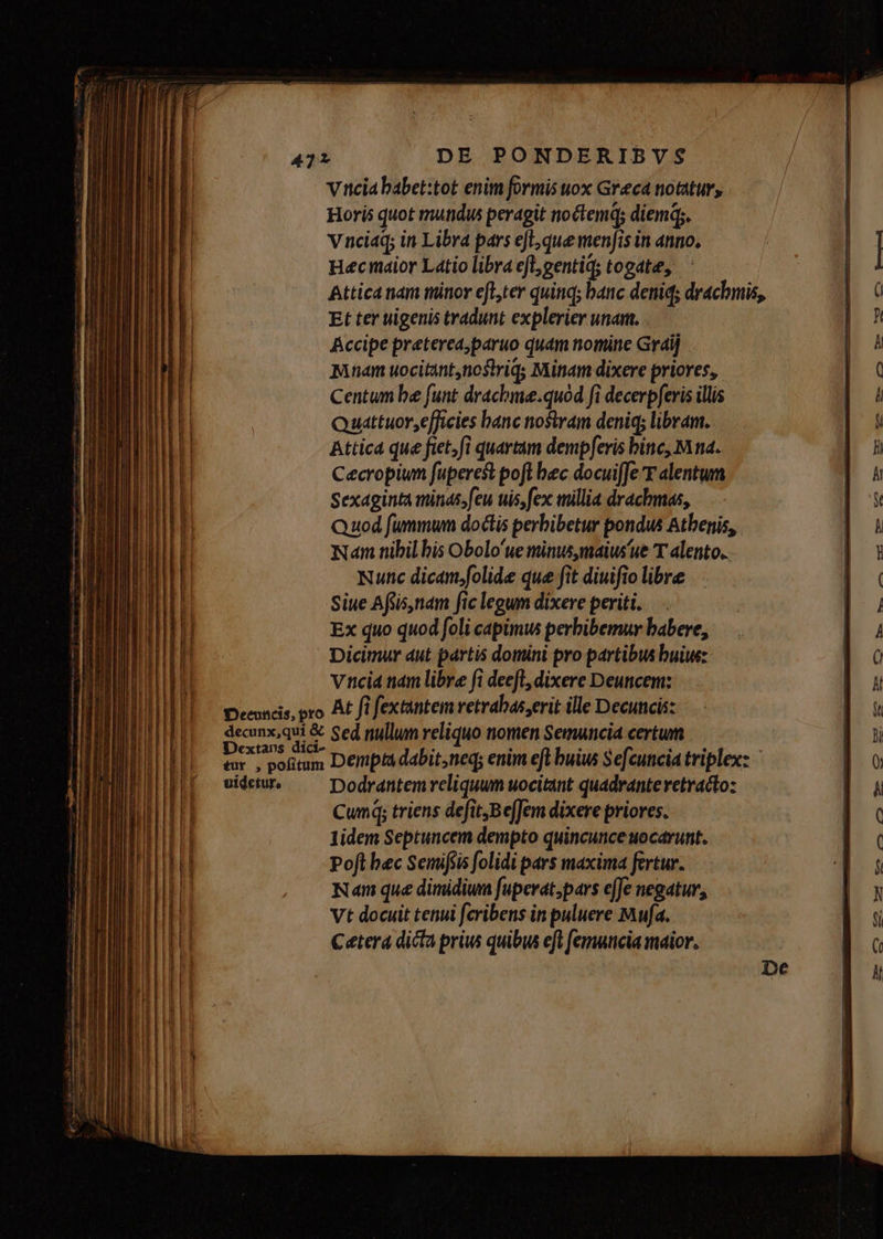 vincia babet:tot enim formis uox Greca notatur, Horis quot mutidus peragit noctemq; diemq;. V nciaq; in Libra pars efl; que menfis in anno, Hecmáior Latio libra efl; gentiq; togate, Attica nam minor eft,ter quinq; banc deni; drachmis, Et ter uigenis tradunt explerier unam. Accipe preterea,paruo quam nomine Gr4ij Mnam uocitant,nostriq; Minam dixere priores, Centum be funt drachme.quod fi decerpferis illis Quattuor,efficies banc nostram deniq; libram. Attica que fiet,fi quartám dempferis binc, Mna. Cecropium fuperest poft bec docui[fe' alentum Sexaginta minas,feu uis,fex millia drachmas, Quod fummum doctis perhibetur pondus Atbepis, Nan nibil bis Obolo'ue minus,maius'ue T alento.. Nunc dicamfolide que fit diuifio libre Siue Afis,nam fic legum dixere periti. Ex quo quod foli capimw perbibemur babere, Dicimur aut pártis domini pro partibus buiw:- v nci nam libre fi deeft, dixere Deuncem: Deeuncis, pro At fi fextantem vetrabas;erit ille Decuncis: decunx,qui &amp; Sed nullum reliquo nomen Semuncia certum Dextaps dici- : ; did s yo tur, pofitum Dempta dabit,neq; enim eft buius Sefcuncia triplex: videtu. ^ Dodrantemreliquum uocitant quadrantevetracto: Cum; triens defit, BefJem dixere priores. lidem Septuncem dempto quincunce uocarunt. Pofl bec Semifiis folidi pars maxima fertur. Nam que dimidium fuperat;pars efJe negatur, Vt docuit tenui fcribens in puluere Mufa. Cetera dicta priu quibus eft femuticia maior,