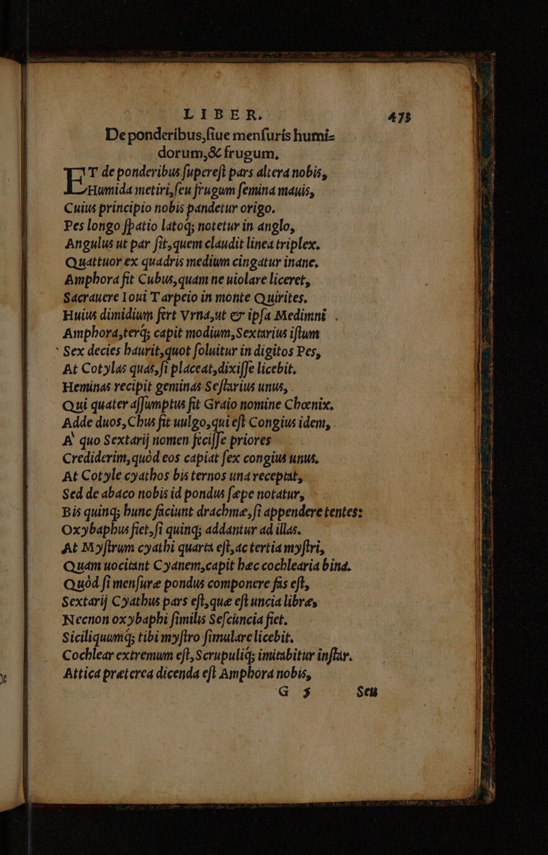 De ponderibus,fiue menfurís humi- dorum;&amp; frugum, T de ponderibus fupereft pars altera nobis, Humida metiri,feu frugum femina mauis, Cuius principio nobis pandetur origo. Pes longo fpatio latoq; notetur in anglo, Angulus ut par fit,quem claudit linea triplex. Quattuor ex quadris medium cingatur inane, Ampbora fit Cubws, quam ne uiolare liceret, Sacrauere Lowi T arpeio in monte Quirites. Huius dünidium fert Vrtna,ut e ipfa Medimni. . Ampbora,terq; capit modium, Sextavius iflum * Sex decies baurit,quot foluitur in digitos Pes, At Cotyla: quas, fi placeat, dixi[Je licebit. Heminas recipit geminas SeJfarius unus, Qui quater a]Jumptus fit Graio nomine Cbocnix, Adde duos, Chus fit uulgo,qui eft Congius iden, &amp;. quo Sextarij nomen feci|[e priores Crediderim,quod eos capiat fex congiu unus, At Cot yle cyathos bis ternos una veceptat, Sed de abaco nobis id pondus fepe notatur, Bi5 quinq; bunc faciunt dracbme, fi appendere tentes: Ox»ybapbu: fiet, fi quinq addantur ad illas. At Mirum cyatbi quarta eft;ac tertia my[lri, Quam uocitnt C yanem,capit bec cocblearia bina. Quod fi menfure pondus componere fas eft, Sextarij Cyatbus pars eft,que efl uncia libres Necnon ox ybapbi fimilis Sefcimcia fiet. Siciliquumq; tibimyftro fimularc licebit, Cocblear extremum eft, Scrupuliq; imitabitur inflar. Attica preterca dicenda efl Ampbora nobis, | Ga 5 Seu