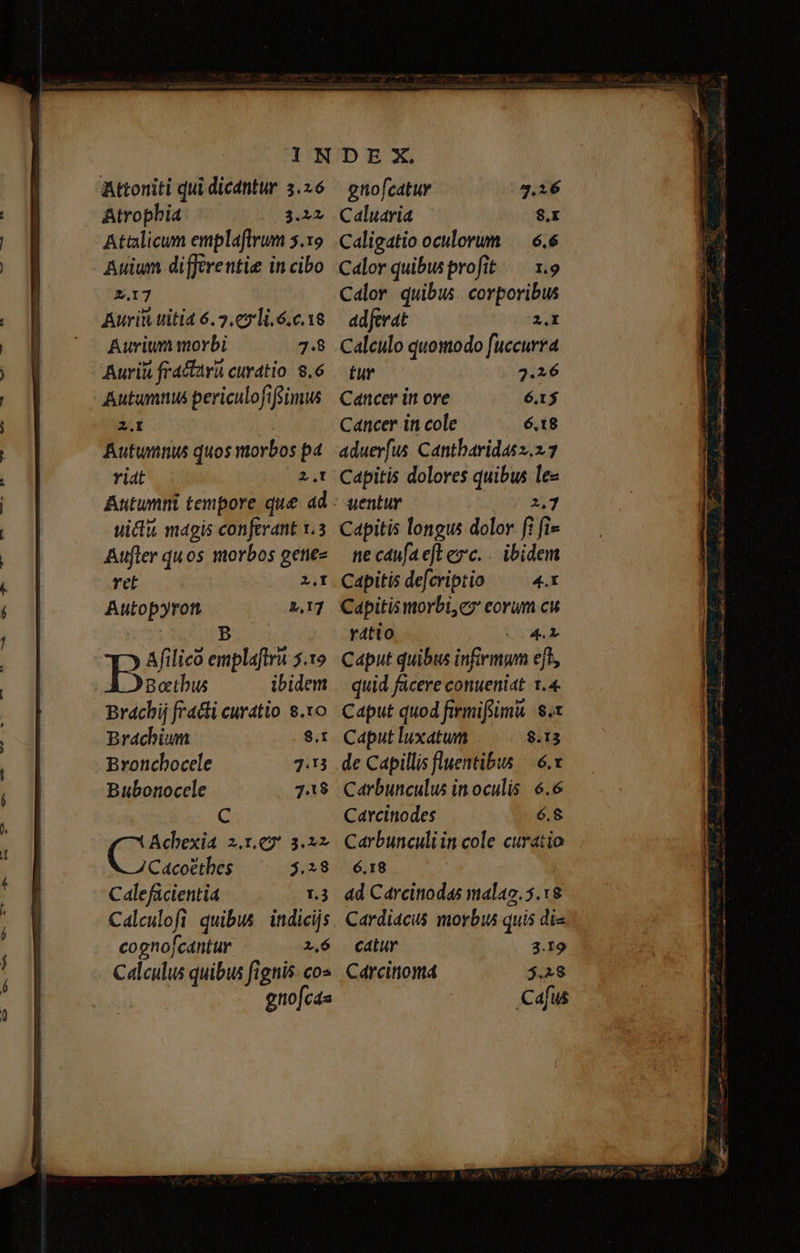 Attoniti qui dicantur 5.2.6 Atrophia 3.» Attalicum emplaflrum 5.19 Auium differentie in cibo 2,17 Auri titi 6.2.71. 6.c.18 Aurium morbi 3.8 Auriü fractarà curatio. $.6 Autumnus periculofifjimus Zz.I Autumnus quos morbos p4 Yidt $.r L.Y 2,17 B Afilico emplaftra 5.1o Botbus ibidem Brachij fracti curatio 8.10 Bracbium 8.1 Bronchocele 7:13 Bubonoccle 34$ C Achexia 2.1.€7 3.2» / Cacoéthes j.28 Calefücientia rj Calculofi quibus indicijs cognofcantur 2.6 Calculus quibus fignis. cos gnofcas (5,26 | $.X gnofcatuy Caluaria Caligatio oculorum — 6.6 Calor quibus profit /— 1.9 Calor quibus. corporibus adferat A2.E Calculo quomodo fuccurra tur 2.26 Cancer iit ove 6.15 Cancer in cole 6.18 aduerfus. Cantbaridasz.. 2.7 Capitis dolores quibus lee uentur 23 Capitis longus dolor fi fi» ne cdufa eft eye... ibidem Capitis defcriptio — ^ 4.x Capitis morbi, cz eorum cu ratio yao Caput quibus infirmum eft, quid facere conueniat. x4. Caput quod firmifiimü 8.x Caputluxatum |. 8.13 de Capillis fluentibus — 6. x Carbunculus in oculis 6.6 Carcitodes 6.8 Carbunculi in cole curatio 6.18 ad Carcinodas malao.5. 18 Cardiacus morbis quis dis catur 3.19 Cárcintonmd $.48 Cafus