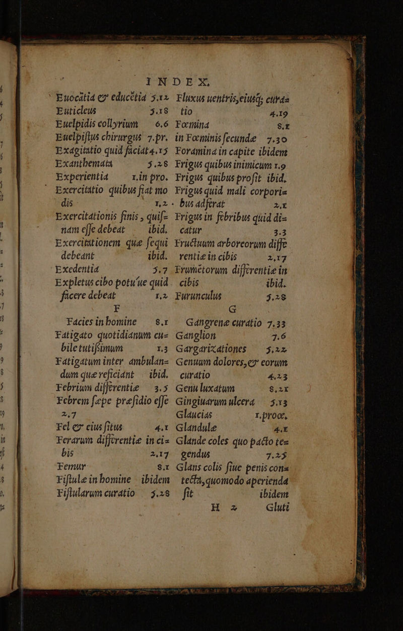 Euticdeus — 3.18 Euelpidis collyriwm —— 6.6 Euelpiftus chiruvgus. 7.pr. Exdgitatio quid faciat 4.15 Exantbemata $.28 Experientia rin pro. Exercitdtio quibus fiat mo - dis re Exercitatiotiis finis , quif- name[Jedebeat . — ibid. Exercititionem que fequi debeant ibid. Exedentia 5.7 facere debeat rn Fr Facies in bomine — 8.x Fatigato quotidianum cu bile tutifeimum L3 Fatigatum inter. ambulan- dum que reficiant ^ ibid. Febriwn differentie — 3.5 Fcbrem fepe prefidio effe 2.7 Fel ez eiu fitus 4.t Ferarum differentie in cis bis MIT remur S.I Fiftule in bomine | ibidem Fiflularum curatio /— 3.28 to 4.19 Fotüna $.f in Focnminis fecunde | 7.30 Fordmina in capite ibident Frigus quibus inimicum x.9 Frigus quibus profit ibid. Frigus quid mali corporis bus adferat AE Frigw in. febribus quid di- catur 3.3 Eructuum arboreorum diffe rentie in cibis 217 trumétorum diffcrentie in cibis ibid. Furunculus $28 G Gangrene curatio 7,33 Ganglion 7.6 Gargarixdiiones ^ $5.22 Gentuum dolores,cz eorum curatio 423 Geni luxatum 9,2r Gingiuarum ulcera /— 5x3 Glaucias Lproc, Glandule 4.E Glande coles quo pacto tes gendus 7.3 $ Glatis colis fiue penis cota tecta, quomodo aperienda fit ibidem Gluti