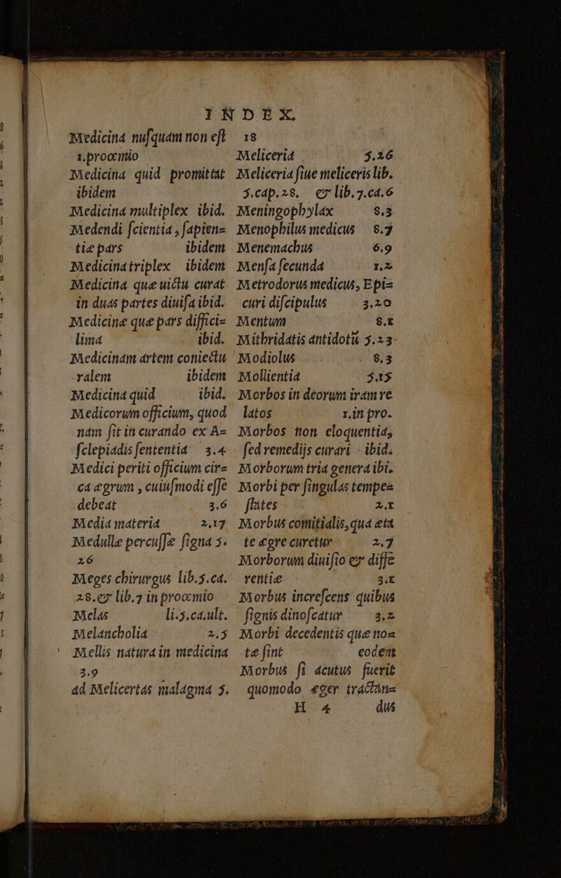 Medicina nufquam non eft 1. proaimio Medicina quid promittat ibidem Medicina multiplex ibid. medendi [cientia ; fapien- tie pars ibidem Medicinatriplex | ibidem Medicina que uicti curat in duas partes diuifa ibid. Medicine que pars diffici- lima ibid. Medicinam artem coniectu ralem ibidem Medicina quid ibid. Medicorum officium, quod nam fit in curando ex A- fclepiadis fententia — 5.4 Medici periti officium cire ca egrum , cuiufmodi e[Je debeat 3.6 Media materi 27 Medulle percu[Je figna 5. x6 Mclas li.5.ca.ult. Melancbolia £5 Mellis natura in medicina 3.9 4d Melicertas malagma 5. 18 Meliceria | 5.16 Meliceria fiue meliceris lib. $.cdp.28. e7'lib.7.c4.6 Meningopbylax 9,3 Menopbilis medicus — 8.7 Menemachus 6.9 Menfa fecunda rn Metrodorus medicus, Epiz curi difcipulus 3.20 Mentum $.E Mithridatis antidotu 5.23 Modiolus $,3 Mollientia $45 Morbos in deorum iram ve latos rin pro. Morbos tton. eloquentia, fed remedijs curari. - ibid. Morborum tria genera ibi. Morbi per fingulas tempe ffates PX: Morbus comitialis,qua eta te &amp;gre curetur 2,7 Morborum diuifio ez diffe renti 3.E Morbus increfcens quibus fignis dinofcatur ^ 4.2 Morbi decedentis que nos te fint eodem Morbus fi acutus fuerit quomodo «ger tractans H4 dus
