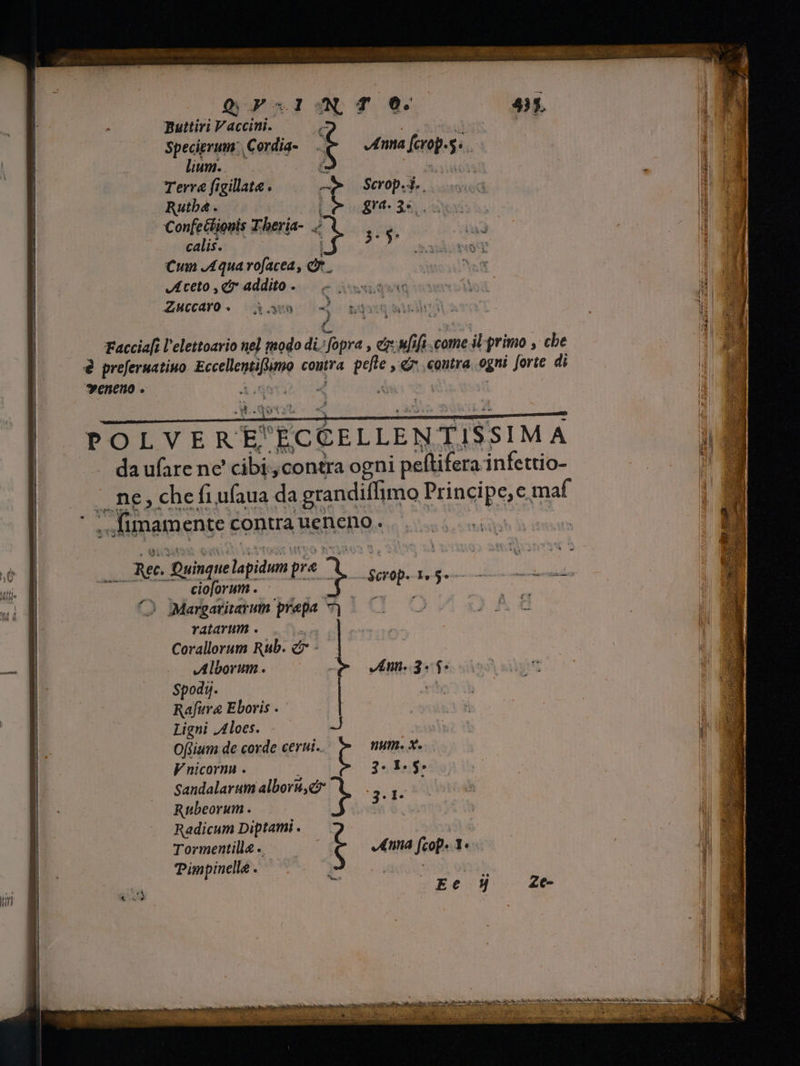 Buttiri Vaccini. lium. Terre figillata . Rutha . calis. Le Srt 3s, Mi ne 1  e cioforum . i » 0% / ratarum . Alborum Spody. Rafura Eboris . Ligni Aloes, Vnicornu . Rubeorum . Tormentilla . Pimpinelle . piper BUM e 'gede