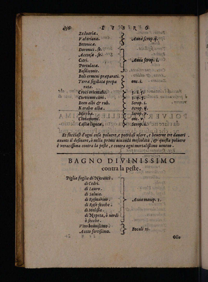 di Cedri. - di Lauro. di Saluia. È LJ | di Rofma*ino . > Ama mampi È di Rofefecche. `] di melita . di Nepeta, ò uerdi | ijs 0 fecche. Ww vr a Zedoari&amp;. - tuf Valeriang. => Y Vinisa nep Lai Betonica, 0 Doronici fe ^ ^ $ | Scd ian: sog i vA cetoj&amp; fei ^32, 7 T. curi. » | Ama feni ho Portulace. — L] Bafiliconis. Jo Ss ai | Boli armeni preparati. 6133 ig | Terra ft gillate prepa zb onc.i. SNAS | PR Se soe Lf ABC f oM ed Ni 1 Croci orientalis. db 3; hgro nihii ilo T | ' Corticum citri . e 3$. si wuel $ | Been albi et rub. Scrop. i. I | Karaba alba. a$ Serop. je Ee) y Miryba. | r 1 ,Serop-y- » FE Y ng | | Chwlamhoni: hag -' onc. y ^ i | tA 1 | LCA lignes IGRO PlehicSmopoio on 5i SD Ë ‘ E è ni