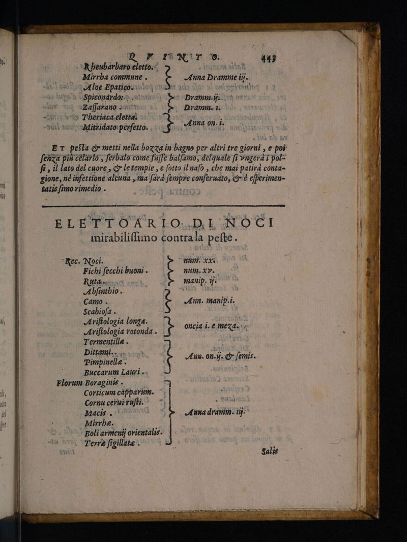 € (€ e e — e bali e tatis [imo vimedio . - Dragin ^q. ou Dramm. 1. “Rec. Noci. Fichi fecchi Camo . Scabiofa + d Florum Boraginis . . Macis |. Mirrhe. proci NUM. XY. Ann. manip.i. oncia i. € meza. Fim «Anna dramm: it: