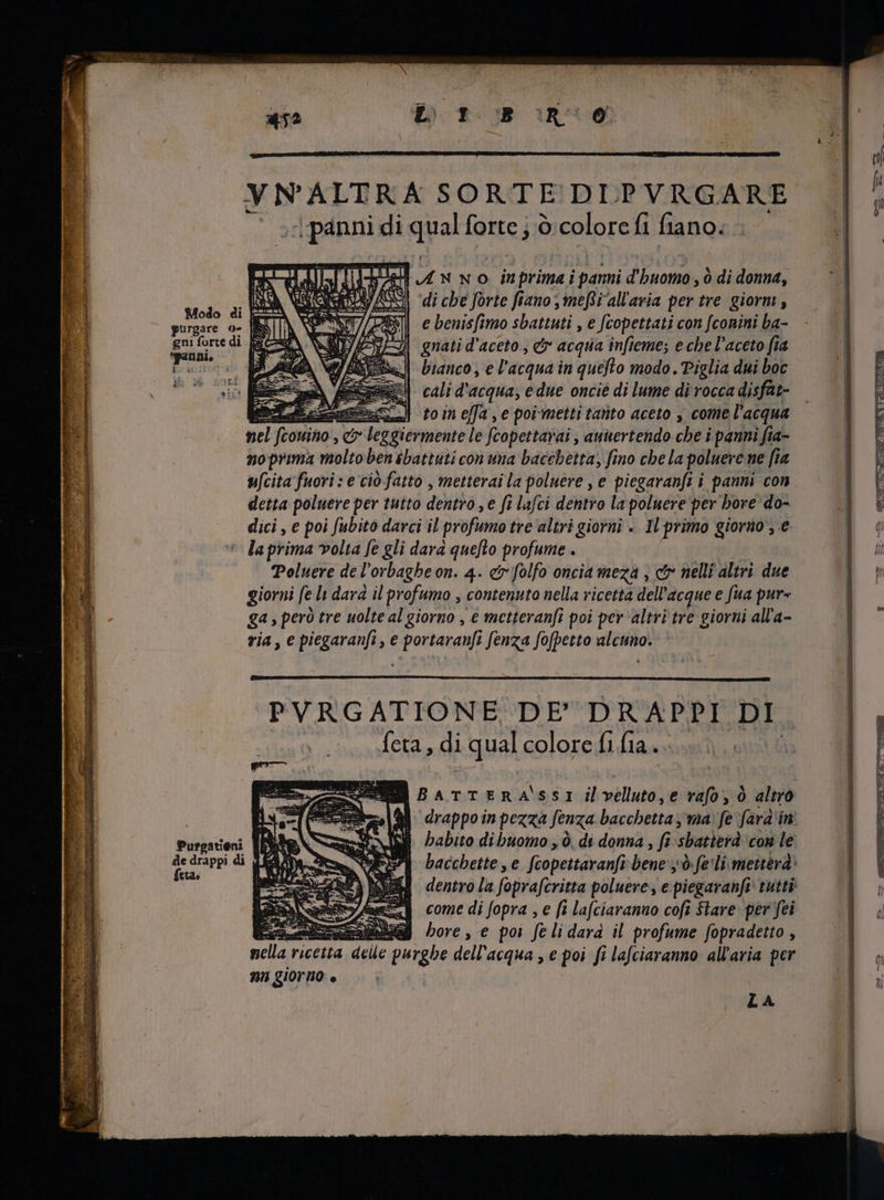 d i panni di quatto forte; ò:colore fi fiano: da | ti) I pai i pue: ic e T E A ‘ANNO inprimai pmi J spe ò di donna, s | ‘di cbe forte fiano, mefti'all'aria per tre giorn, (ES) e benisfimo bat: e fcopettati con fconini ba- Wei Pal gnati d'aceto, e acqua infieme; e che l'aceto fia | Ae] bianco, el acqua in quefto modo. Piglia dui boc | cali d'acqua, edue oncié di lume di rocca disfat- | te eZ toin efa , e poi-metti tanto aceto , come l'acqua nel m ì re legier le fcopettavai , anuertendo- chei i panni fia- noprima molto ben ibattuti con una bacéhetta, fino che la poluere ne fi fia ufcita fuori: e ciò fatto , metterai la poluere , e piegaranfi i panni con detta poluere per tutto dentro, e fi lafci dentro la poluere per bove do- dici , e poi fubito darci il profumo tre altri giorni . Il PIRRO giorno , € la prima volta fe gli dara quefto profume. 7, Poluere de l'orbaghe on. 4. &amp;folfo oncia meza , ct nelli altri due D on giorni fe li dara il profumo , contenuto nella ricetta dell'acque e fua pur- | $4; però tre uolte al giorno , € metteranfi poi per altri tre giorni all'a- ria, e piegaranft, e portaranfi fenza fofpetto alcuno. È ] n | Modo di IS à purgare o- IN gni forte di È “panni, Gite PVRGATIONE DE DRAPPI DI. feta, di qual colore fi fia. TEO, e MI nnt BATTERA\SSI il velluto; e rafo, ò altro drappo in pezza fenza bacchetta yma fe fara in habito di buomo „ò, di donna , fi. sbatierd con le bacchette, e faopettaranfi bene y fe'li metterà dentro la fopraferitta poluere , e piegaranfi ? tutti come di fopra , e fi lafciaranno cofi Stare per fei bore , e poi fe li dard il profume fopradetto , pella ricetta delle purghe dell'acqua, e poi fi lafciaranno all'aria per nn giorno o Purgatieni de drappi di feta; ux LA