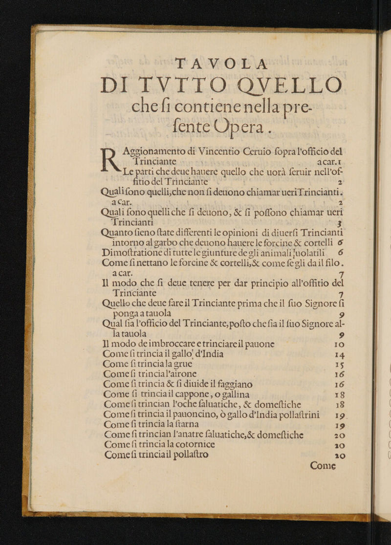 TAVOLA DELVIELO QING LO che fi contienenella pre: fente Upera. Trinciante ivi; CAL Le parti che deuc hauere quello che uorà feruir nell’of- fitio del Trinciante 2 Qualifono quelli,che non fidenono chiamar ueriTrincianti. a Car. 2 Quali fono quelli che fi deuono, &amp; fi poffono chiamar ueri Trincianti Quanto fieno ftate differenti le opinioni di diuerfi Trincianti intorno al garbo che deuono hauere le forcine &amp; cortelli 6 Di moftratione dituttele giunture de gli animali volatili. 6 Come fi nettano le forcine &amp; cortelli;&amp; come fe gli dail e; a car. Il modo che fi deue tenere per dar principio all’offitio dd Trinciante Quello che deue fare il Trinciante prima che il fuo Signore î Ri frncae di Vincentio Ceruio fopra l’officio del ponga a tauola 9 Qual fia l’officio del Trinciante, pofto chefia il fuo Signore al- la tauola 9 1 modo deimbroccare e trinciare il pauone IO Comefi trincia il gallo’ d'India 14 Come fi trincia la Grue 15 Come fi trincial’airone 16 Come fi trincia &amp; fi diuide il fasgiano 16 Come fi trinciail cappone, o gallina 18 Comef ì trincian l’oche faluatiche , &amp; domeftiche 18 Comefi trincia il pauoncino, ò gallo d'India pollaftrini 19. Come fi trincia la ftarna 19 Come fi trincian l’anatre faluatiche,&amp; domeftiche 20 Comefi trincia la cotornice 20 Comefi trinciail pollaftro 20 Come