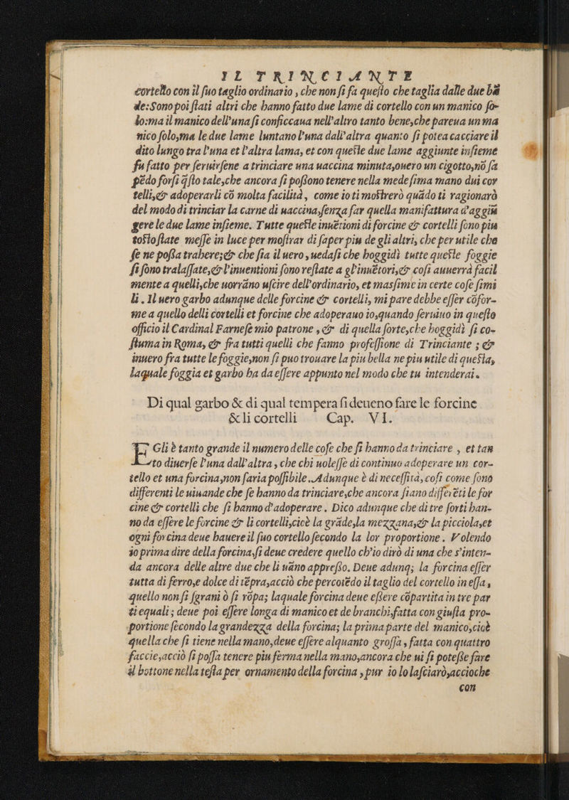 cortello con îl fuo taglio ordinario , che non fi fa quefto che taglia dalle due bA de:Sonopoi fiati altri che banno fatto due lame di cortello conun manico fa» do:ma ilmanico dell'una fi conficcaua nell'altro tanto bene,che pareua un ma mico folo,ma le due lame luntano l'una dall'altra quanio fi potea cacciare il dito lungo tra l’una et l’altra lama, et con queîte due lame aggiunte infteme fu fatto per fernirfene atrinciare una naccina minutazouero un cigotto,no fa pédo forfi fio tale,che ancora fi poffono tenere nella mede fima mano dui cor telli,&amp; adoperarli cò molta facilità, come ioti mostrerò quado ti ragionarò del mododi trinciar la carne di uaccina,fenza far quella manifattura d'aggi gere le due lame infteme. Tutte quefle inuertoni di forcine &amp; cortelli fono piu toftoflate meffe in luce per moftrar di faper piu de gli altri; che per utile che fe ne poRatraheres&amp;s che fia iluero suedafi che boggidì tutte quefte foggie fi fono tralaffate,&amp;l’inuentioni fono reflate a gl'inuttori,&amp; coli aunerrà facil mente a quelli,che uorrano uftire dell'ordinario, et masfime in certe cofe fimi li. Il uero garbo adunque delle forcine &amp; cortelli, mi pare debbe effer còfor- ame a quello delli cortelli et forcine che adoperano tosquando feruino in quefto officio il Cardinal Farnefe mio patrone , &amp; di quella forte,che boggidì fi co- ftuma in Roma, &amp; fra tutti quelli che fanno profeffione di Trinciante ; &amp; inuero fra tutte le foggiemon fi puo trouare la piu bella ne piu utile di queSta, laquale foggia et garbo ha daeffere appunto nel modo che tu intenderai. Di qual garbo &amp; di qual tempera fi deueno fare le forcine &amp;licortelli. Cap. VI. Eos è tanto grande il numerodelle cofe che ft hanno datrinciare , et tan to diuerfe l’una dall’altra , che chi uole(fe di continuo adoperare un cor- cello et una forcina,non faria poffibile. Adunque è di neceffita, cofi come fono differenti le uiwande che fe hanno da trinciaresche ancora fiano differèti le for cine cortellì che ft banno d'adoperare. Dico adunque che di tre forti ban- no da effere le forcine &lt;&amp; li cortelli,cicè la grade,la mezzana,&lt;&amp; la picciolaset ogni forcina deue bauere il fuo cortello fecondo la lor proportione. Y olendo 30 prima dire della forcina,fi dee credere quello ch'io dirò di una che s'interr= da ancora delle altre due che li vano apprefto. Dene adung; la forcina effer tutta di ferrose dolce di veprayacciò che percotedo il taglio del cortello ineffa, quello non fi (grani ò ft opa; laquale forcina deue eRere copartitaiîntre par siequali; deue poi efJere longa di manico et de branchi,fatta con giufta pro- portione fecondo la grandezza della forcina; la primaparte del manico,cioè quellache fi tiene nella mano,deue effere alquanto groffa, fatta conquatiro facciesacciò fi poffa tenere piu ferma nella mano,ancora che ui fî potete fare u bottonenellatefia per ornamento della forcina , pur io lolafciard,accioche con