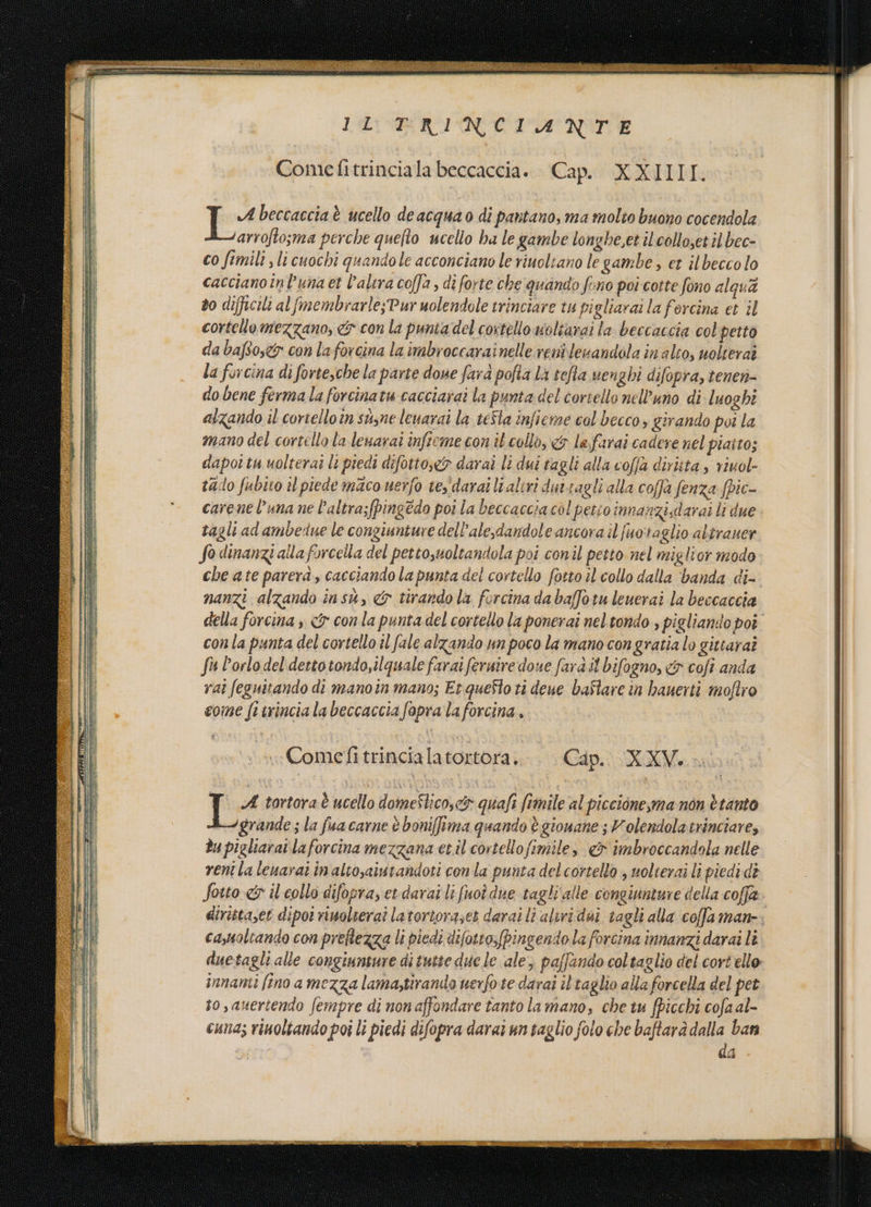 IL IRINCIZD VOTE Comefitrinciala beccaccia. Cap. XXIIII. A beccaccia è ucello de acqua o di pantano, ma molto buono cocendola arrofto;ma perche quello ucello ha le gambe longhe,et ilcolloset il bec- co fimili s li cuochi quandole acconciano le riuoltano le gambe, er ilbeccolo cacciano inb'una et l’altra coffa , di forte che quando feno poi cotte fono alqua 80 difficili al fmembrarle;Pur uolendole trinciare tu pigliarai la forcina et il cortellomezzano, &amp; con la punta del costello moltarai la beccaccia col petto da bafso,&amp;r con laforcina la imbroccarainelle renilerandala in alto, uolteraî la furcina di fortesche la parte doue fara pofia la tefta nenghi difopra, tenen- do bene ferma la forcinatu cacciarai la punta del corsello nell’uno di luoghi alzando il cortellotn su,ne leuarai la teSta infieme col becco, girando pui la mano del cortello la leuarai infieme con il collo, &amp; lefarai cadere nel piaito; dapot tu uolterai li piedi difotto,e&amp; darai li dui tagli alla coffa diritta, viuol- tado fubito il piede maco uerfo ves darai li aliri durragli alla coffà fenza fpic- carene l'una ne l’altra;(pingèdo poi la beccaccia col petto innanzisdarai li due tagli ad ambedue le congiunture dell’ale,dandole ancora il fuo'taglio altraner So dinanzi alla forcella del pettosuoltandola poi conil petto nel miglior modo che ate parera, cacciando la punta del cortello fotto il collo dalla ‘banda di- nanzi alzando insù, &amp; tirando la fercina da bafforu leuerai la beccaccia della forcina s &amp; con la punta del cortello la ponerai nel.tondo , pigliando poi conla punta del cortello il fale alzando un poco la mano congratia lo gittaraî fu Porlodel' detto tondo,ilquale farai feruire doue fara it bifogno, &amp; cofi anda vai feguitando di manoin mano; Et quefto ti deue baSlare in hauerti moftro come fr trincia la beccaccia fapra la forcina., ame Comefitrincialatortora.;-. . Cip.: X.XVau T A tortoraè ucello domeîtico,c&amp; quafi fimile al piccione,ma non è tanto grande; la fua carne è boniffima quando è gionane ; Volendolatrinciare, du pigliarar laforcina mezzana et.il cortellofimile, &amp; imbroccandola nelle reni la lenarai in altosaintandoti con la punta del cortello , uolierai li piedidi Sotto «5 il collo difopra, et darai li fuoi due tagli alle congiunture della coffe casmoltando con preflezza li piedi difotto;fpingendo la forcina innanzi darai li duetagli alle congiunture di tutte due le ale, paffando coltaglio del cort ello innanti fino a mezza lama,tirando uerfote darai il ta glio alla forcella del pet to ,auertendo fempre di non affondare tanto la mano, che tu fpicchi cofaal- cuna; vinoltando poi li piedi difopra darai un taglio folo che baftarà na bars