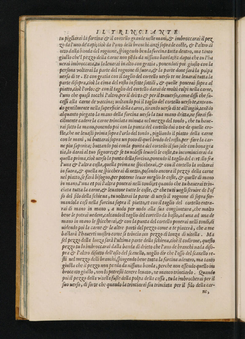 I DISTIR DNIOCE MNT tu pigliarai la forcina &amp; il cortello grande nelle manie imbroccarai il peg zodal'unode’ capi; cioè da l'uno dellibranchianzi foprale.cofte, &amp; l'altro di otto dalla banda del rognone, fingendo benlafercinatuttadentro, ma tanto guuSlo che’l pezzo della carne non pèda da niffiuna banda;Et.dapoi che tu l’ha ucraiimbroccata,tu lalenarai inalto con gratia ponendoti poi giufto:con la perfona voltarai la parte del rognone di fuora,&amp;y la parte done farà la polpa uerfo dite. Et congratia con iltaglio del corrello uerfote ne lenaraitutta la parte difopra,cioè la cima del rofto infette forsili , &amp; quelle ponerai fopra al piatto,cioè l'orlo: cy con'il taglio del cortello darat de molti colpi nella carne, l’uno che quafi tocchi D'altro;per il dritto &amp; peril trauerfo;comediffi che fa- celfi alla carne de vaccina; noltando poi il taglio del cortello uerfoteentran- do gentilmente nella fuperficie della carne, tirando uerfo di te all’ingiù,tenèdo alquanto piegato la mano della forcina uerfo la tua mano dritta;ne farai fa- cilmente cadere la carne trinciata minuta nelmezzo del tondo , che tubaue- rai fotto la mano;,ponendo poi con la punta del cortello dui otre de quelle cro- Ste,che ne lenafli primafopra l'orlo del tondo , pigliando il piatto della carne con le mani , ui buttaraifopra un poco di quel brodo del rofto,per farela car- ne piu faporita; buttando poi conla punta del cortello il fuo fale con bonagra tia,lo darai al tuo fignore;&amp; fe tuuoleffi lewarli le cofte,tu incominciara: da quella prima,cioè uerfo la punta della forcina,ponendo il taglio del cort:llo fra Dana &amp; l'altra cofta,quella primane fpiceherai,c&amp;r con.il cortello la uoltarai infuora,&amp; quella ne fpiccherai dinetto,pofando ancara il pezzo della carne nel piatto,fe farà bifogno,per poterne leuar meglio le cofte, &amp; quelle di mano in mano,l’una et poi l’altra ponerai nellitondiset quando che tu haueraitrin= ciata tutta la carne, leuatone tutte le cofte, &amp; chetuti uogli feruire de l’of fo del filo della fchiena stu uoltarai la parte di uerfo il rognone di fopra fer- mandola cofi nella forcina fopra il piattoset conil taglio del cortello entra- raildi mano tn mano , a nodo per nodo alla fua congiuntura sche molto bene le potrai uederecalcando il taglio del cortello da baRBo,ad una ad una de mano in nano le fpiccherat,&amp; con la panta del cortello ponerai nelli tondi,di sidendo poi la carne &amp; le altre parti delpezzo come a te piacerà , che ame baflard l’hanerti moftro come fi trincia un pezzo di lonza di uitella.. Ma fel pezzo della lonza far l’ultima parte della fchiena,cioè il codirone, quefto pezzo ta lo imbroccarai dalla banda di drieto che l'uno de branchi uada difo» pra &amp; l’aliro difotto dell’oRo del fcanello, uoglio dir che Poffo del fcanello re- fli nel mezzo delli branchi,fpingendo bene tutta la forcina adentro, ma tanto giusta che il pezzo non perda da niffuna banda; perche non e[fendo quello ina broccato giufto suono potrefti tenere leuato ne mancotrinciarlo. Quando poitl pezzo della vitella fuRte della polpa della coffa stu laimbrocherai per il fuo werfo di forte che quando latrinciarai fra trinciata peril filo della car- nes