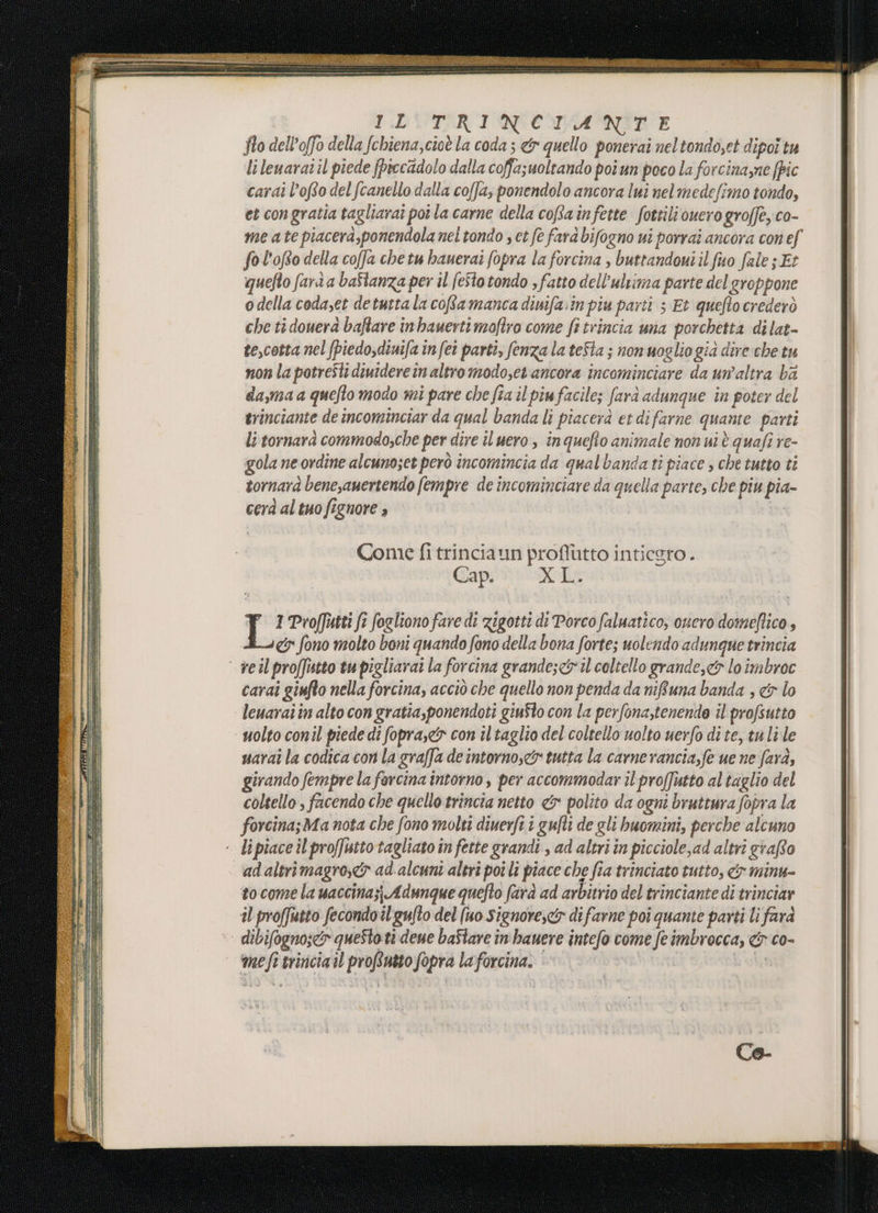 IDUTRINCOTUNITE flo dell’offo della fchiena,cioè la coda ; &amp; quello ponerai neltondo;et dipoi tu li leuarat il piede fprecadolo dalla coffasuolrando poi un poco la forcina,ne (pic carai l’ofto del fcanello dalla coffa, ponendolo ancora lui nel medefimo tondo, eî congratia tagliaraî poi la carne della coRainfette fotrili ouero groffe, co- me ate piacera,ponendola nel tondo , et fe fard bifogno ui porrai ancora con ef fol'ofo della coffa che tu hauerai fopra la forcina , buttandoui il fio fale s Et quefto fard a baStanza per il feStotondo s fatto dell'ulima parte del groppone odella codaset detuttala coftamanca dinifa:in piu parti 5 Et queftocrederò che ti douerà baftare inbauertimoflro come fi trincia una porchetta dilat- te,cotta nel (piedo,dinifa infei parti, fenza la tefta ; non uoglio gia dire che tu non la potresti dividere in altro modoset ancora incominciare da un'altra ba da,ma a quefto modo mi pare che fia ilpiufacile; farà adunque in poter del trinciante de incominciar da qual banda lì piacerà et di farne quante parti li tornarà commodosche per dire il uero , in quefio animale non ui è quafi re- gola ne ordine alcuno;et però incomincia da qualbanda ti piace ; che tutto ti tornarà bene,auertendo fempre de incominciare da quella parte, che piu pia- cerd al tuo fignore » Come fi trinciaun proffutto inticsro. Cap. aa p Set Proffutti fi fogliono fare di zigotti di Porco faluatico, ouero domeflico, 447 fono molto boni quando fono della bona forte; uolendo adunque trincia rei proffutto tu pigliarai la forcina grandes il coltello grande,&amp; loimbroc carai giufto nella forcina, acciò che quello non penda da nifiuna banda ; &amp;r lo leuaraîin alto con gratia,ponendoti giufto con la perfona,tenendo il profsutto ‘ molto conil piededi fopra,&lt;&amp; con il taglio del coltello uolto uerfo dite, tulile uarai la codica con la graffa de intorno, tutta la carne rancia,fe ue ne farà, girando fempre la farcina intorno , per accommodar il profutto al taglio del coltello, facendo che quello trincia netto &amp; polito da ogni bruttura fopra la forcina;Ma nota che fono molti diuerfi i gufti de gli buomini, perche alcuno | lipiace il proffutto tagliato in fette grandi , ad altri în picciole,ad altri grafo adaltrimagro,&amp; ad.alcuni altri por li piace che fia trinciato tutto, &amp; minu- to come la uaccina;; Adunque quefto farà ad arbitrio del trinciante di trinciar il proffutto fecondoilgufto del (Ko Signore,c&amp;r di farne poi quante parti li farà ‘ dibifogno;&lt;&amp; questo ti deue baStare inhauere intefo come feimbrecca, &amp; co- me fi trinicia il profîutto fopra laforcina.