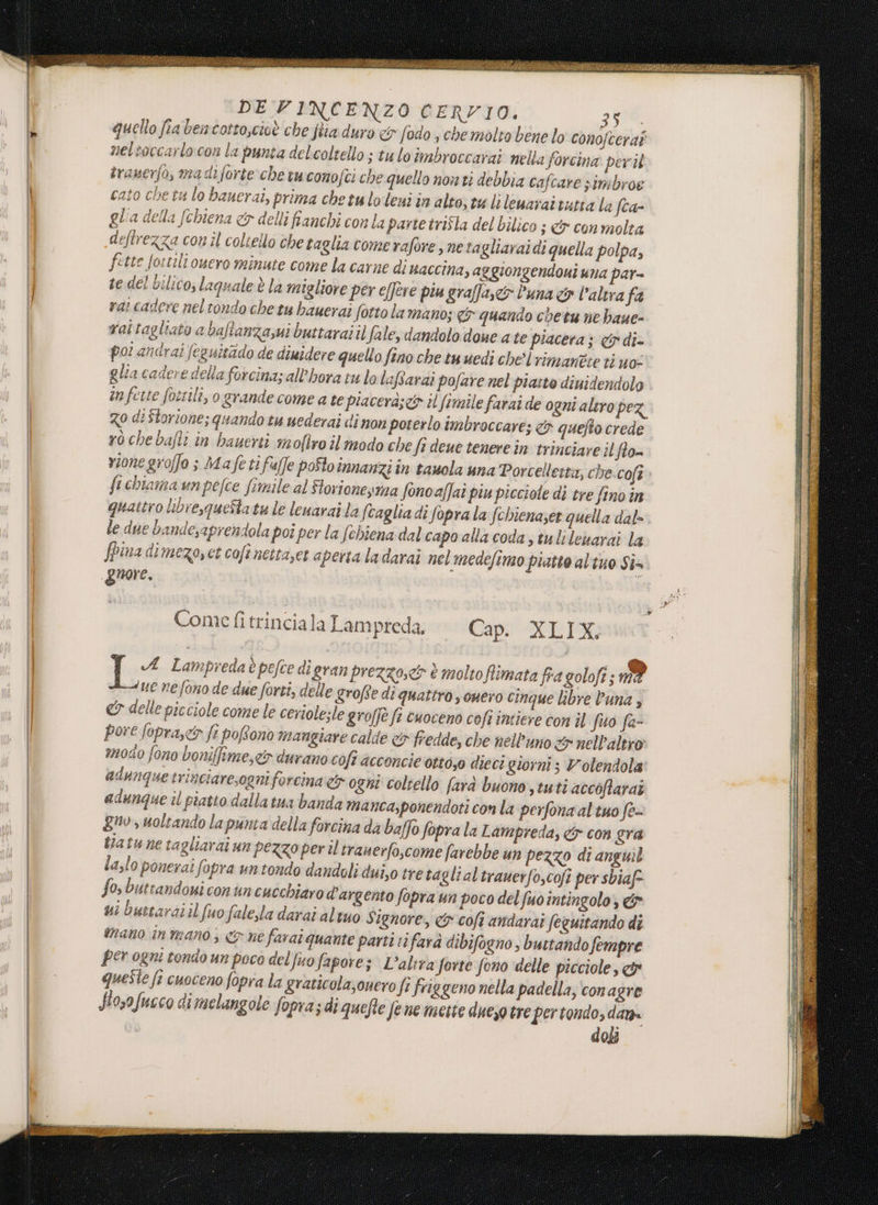 DE VINCENZO CERVIO. 2706 quello fia bencotto,ciuè che ja duro &amp; fodo , che molta bene lo conojcerat neltoccarlo con la punta delcoltello ; tuloimbroccarai nella forcina peri traserfo, ma di forte che ruconofei che quello non ti debbia cafcare simbroe cato che tu lo bauerai, prima che tuloleni in alto; tu li leuarai tutta la fca- glia della fchiena &amp;r delli fianchi con la partetriSta del bilico ; &amp; conmolta deftrezza con il coltello che taglia come rafore , netagliaraidi quella polpa, fette ostili sero minute come la carne di uaccina » aggiongendoni una par- se del bilico, laquale è la migliore per effère piu graffaseo Puna &amp;» l'altra fa rai cadere neltondo che tu bauerai fortolamano; cr quando chetu ne baue- valtagliato a baftanzasui buttarai il faleydandolo doue a te piacera} «n di- poi andrai feguitado de diuidere quelto fino che tu uedi che'l rimantre ti uo glia cadere della forcina; all'hora tu lo laftarai pofare nel pia:te dinidendolo infette fossili, o grande come a te piacerà;&lt;&amp; il fomile farai de ogni altro per. Zo di Storione; quando tu uederai di non poterlo tmbroccare; quefto crede 10 che bafli in bauerti moflro il modo che fe deue tenere în trinciare il fto- vione groffo è Mafetifaffe poSto innanzi in tauola una Porcetletta, che.cofi fichiama un pefce fimile al Sorionesma foncaffai piu picciole di tre fino în quattro libre,queStatu le leuarai la (taglia di fopra la fchienaset quella dal» le due Landesaprendola po: per la (chiena dal capo alla coda s tulilevarai la fpina dimezoset cofì nettaset aperta la darai nel medefimo piatto altuo Sta guore. Come fitrinciala Lampreda. Ca p. XLIX. SN | e LI) pa . ; i ea A Lampredaèpefce dì gran prezzo, è molto fiimata fra golofes ma of ciue ne fono de due forti, delle grofte di quattro souero cinque libre Puna s &amp; delle picciole come le ceriole:le grolje fi cuoceno cofî intiere con il fuo fa- pore fopraser fi poftono mangiare calde &amp; fredde, che nell'uno e nell'altro modo fono bonifime,&lt;&amp; durano coft acconcie otto,o dieci giorni; Volendola adunque trinciare;ogni forcina dr ogni coltello farà buono tuti accoftarai adunque il piatto dalla tua banda manca,ponendoti con la perfona al tuo fe- gno, uoltando la punta della forcina da baffo fopra la Lampreda, &amp; con gra tiatu ne tagliarai un pezzo per il tranerfo,come farebbe un pezzo di anguil la,lo poneraî fopra un tondo dandoli dutyo tretaglialtrauerfo,cofi persbiaf fos buttandoui conun cucchiaro d'argento fopra un poco del fuo intingolo; &amp; ui buttaraiilfuofale,la darai altuo Signore, &amp; cofî andarai feguitando di mano in mano, &amp; ne farai quante parti farà dibifogno , buttando Sempre per ogni tondo un poca delfuofapore; L'altra forte fono delle picciole, &amp; queste fe cuoceno fopra la graticolasonero fi friggeno nella padella, conagre Sosofucco dimelangole fopras di quefte fene mette dueso tre pertondo, day doli