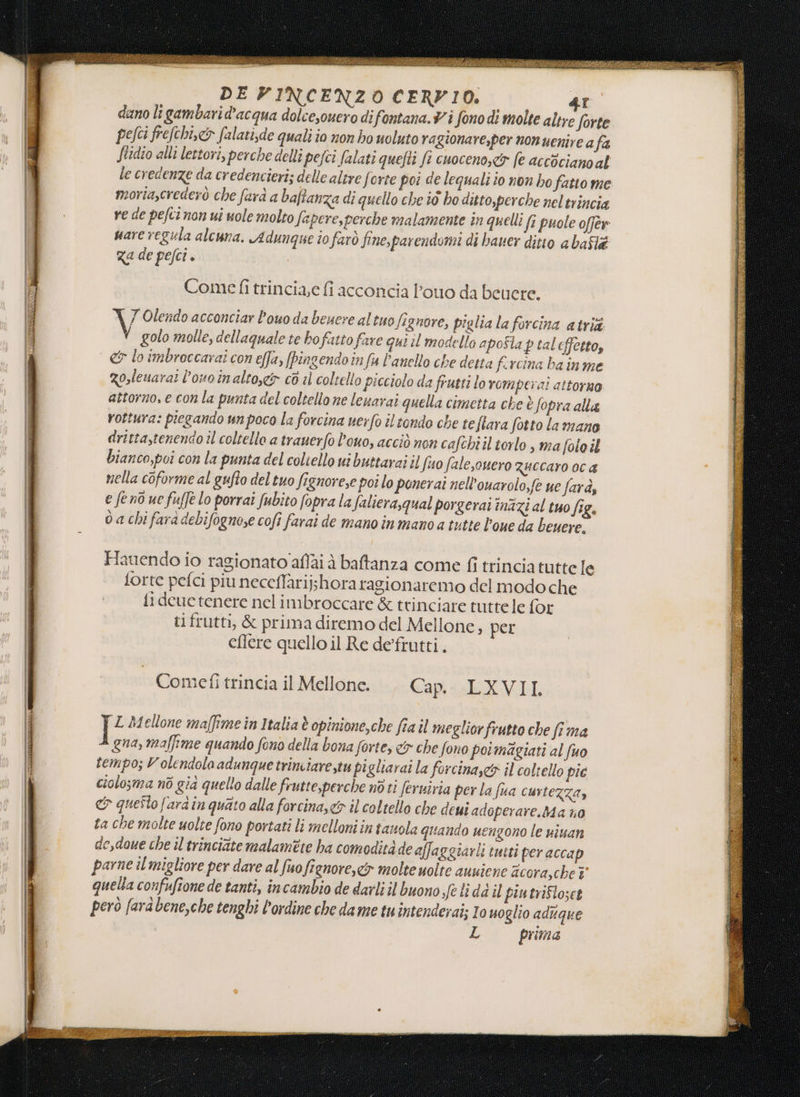 salici ei REA SITE à DE VINCENZO CERFIO. dano lt gambari d'acqua dolcesouero di fontana. î fono di molte altre forte P pefci frefchi,c&amp; falati;de quali io non ho uoluto ragionare,per non uenire a fa Stidio alli lettori, perche delli pefci falati quefti fi cuoceno,&lt;r fe accocianoal I le credenze da credencieri; delle altre forte poi de lequali io non ho fatto me moria,crederò che farà a baftanza di quello che iò ho ditto,perche neltrincia ve de pefci non ui uole molto fapere, perche malamente în quelli fi puole offer mare regula alcuna. Adunque io farò fine,parendomi di baner ditto abaflé Za de pefci + Come fi trincia,e fi acconcia l’ouo da beuere. V Olendo acconciar l’ouo da benere al tuo fi gnore, piglia la forcina atrià. vgolo molle, dellaquale te bofatto fare qui il modello apofla p tal effetto, &amp; lo imbroccarai con efJa, (pingendo în fu l'anello che detta fercina ba inme zoslenarai l’owo inalto,e&amp; cò il coltello picciolo da frutti lo romperai attorno attorno, e con la punta del coltello ne leuarai quella cimetta che è fopra alla rottura: piegando un poco la forcina nero il tondo che teflara fotto la mano dritta,tenendo îl coltello a trauerfo l’ouo, acciò non cafchiil torlo , ma fole il bianco,poi con la punta del coltello ui buttarai ti fuo fale,ouero zuccaro oca mella coforme al gufto del tuo fignore,e por lo ponerai nell’ouarolo,fe ue farà, e feno ue fuffè lo porrai fubito fopra la falierasqual porgerai inazi al tuo fig, 0a chi farà debifognose cofi farai de mano in mano a tutte l'oue da Leuere. Hauendo io ragionato affai à baftanza come fi trincia tutte le forte pefci piu neceffarij;hora ragionaremo del modo che fi deue tenere nel imbroccare &amp; trinciare tutte le fot ti frutti, &amp; prima diremo del Mellone, per effere quello il Re de'frutti. — Comefi trincia il Mellone. Cap. LXVII. [L Mellone maffime in Italia è opinione, che fia il meglior frutto che fi ma gua, maffime quando fono della bona forte, &amp; che fono poi magiati al fuo tempo; V olendola adunque trinciare,tu pigliarai la forcina,e&amp; il coltello pic ' ciolo;ma nò gia quello dalle frutte,perche nd ti ferniria per la fua curtezza, ! &amp; questo fard in quato alla farcina,&lt;&amp; il coltello che deui adoperare.Ma no ta che molte uolte fono portati li melloni in tauola quando uengono le viuan de,doue che il trinciate malamite ha comodità de affaggiarli tutti per accap parne il migliore per dare al fuofignore,c&amp; molte uolte ausiene acora,che 3° quella confufione de tanti, incambio de darli il buono Seli da il piutrifloset 1 però fara Lene,che tenghi l'ordine che dame tuintenderai; 10 uoglio adigue L prima