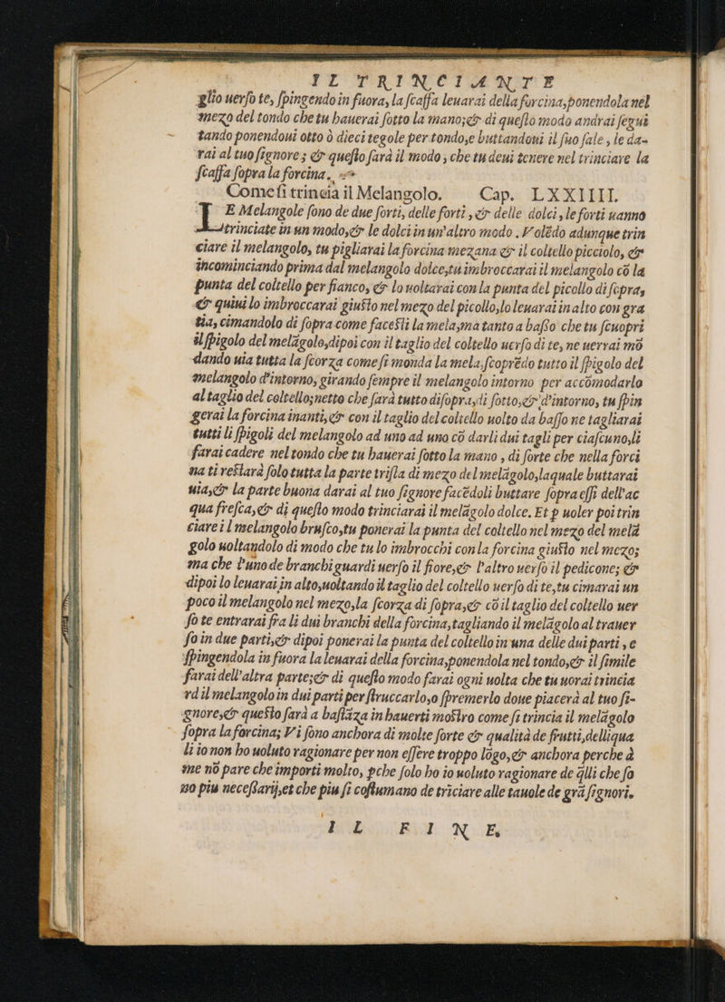 EL AISRI NC E DOTE aglio uerfo te, fpingendo in fuora, la fcaffa leuarai della forcina,ponendola nel mezo del tondo che tu bauerai fotto la mano;&lt;&amp;w.di quefio modo andrai fezuè tando ponendouî otto ò dieci tegole pertondose buttandoni il fio fale ; le da- rat altuofignore; &amp; quefto farà il modo ; che tu deui tenere nel trinciare la fcaffa fopra la forcina.. =» Comefi trineia il Melangolo. Cap. LXXIIILL pin Melangole fono de due forti, delle forti se delle dolci, leforti uanno duttrinciate in un modosc&amp; le dolciin un'altro modo . Voltdo adunque trint ciare il melangolo, tu pigliarai la forcina mezana &amp; il coltello picciolo, &amp; incominciando prima dal melangolo dolce,ta imbroccarai il melan olo co la punta del coltello per fianco, &amp; louoliaraiconla punta del picollo di fopras &amp; quini lo imbroccarai giuSto nel mezo del picollo,lo leuaraiinalto congra tia, cimandolo di fopra.come faceSti la mela,ma tanto a bafto che tu feuopri # fPigolo del melagolosdipoi con il taglio del coltello ucifo di te, ne uervai mò dando uia tutta la fcorza come fi monda la mela, fcopredo tutto il (Pigolo del melangolo d’interno; girando fempre il melangolo intorno per accomodarlo altagiio del coltello;netto che farà tutto difoprasdi forto,&lt;&amp;'d’intorno, tu fin gerai la forcina inanti,&lt;&amp; con il taglio delcoliello uolto da baffo ne tagltarai eutti li (pigoli del melangolo ad uno ad uno cò darli dui tagli per ciafcuno,li farai cadere nel tondo che tu hauerai fotto la mano , di forte che nella forci nati restarà folo tutta la parte trifla di mezo del melagoloslaquale buttarai uta,&amp; la parte buona darai al tuo fignore factdoli buttare fopra elfi dell'ac qua frefca,&amp; di quefto modo trinciarai il melagolo dolce. Et p uoler poitrin ciare il melangolo bruftostu ponerai la punta del coltello nel mezo del melà golo uoltandolo di modo che tu lo imbrocchi conla forcina giusto nel mezo; ma che l'unode branchi guardi uerfo il fiore,&amp; l'altro uerfo il pedicone; &amp; dipoi lo leuarai in alto,uoltando il taglio del coltello uerfo di te,tu cimarai un poco il melangolo nel mezo,la fcorza di fopra,&amp; coil taglio del coltello uer fo te entrarai fra li dui branchi della forcina, tagliando il melagolo al trauer fo in due parti, dipoi ponerai la punta del coltello in’una delle dui partie ‘fpingendola in fuora la lenarai della forcina,ponendola nel tondo,&amp;s il fimile farai dell'altra parte;co di quefto modo farai ogni uolta che tu uorai trincia vd il melangolo în dui parti per ftruccarlo,o fpremerlo doue piacerà al tuo fi- gnores&amp; queSto farà a baRiza in bauerti moSiro come fi trincia il mela golo fopra la farcina; Vi fono anchora di molte forte &amp; qualita de frutti ,delliqua li io non ho uoluto ragionare per non effere troppo logo,ey anchora perche &amp; me nò pare che importi molto, pche folo ho io uoluto ragionare de glli che fo no piu neceRari,et che piu fi coftumano de triciare alle tauole de grà fignori. IR: NE