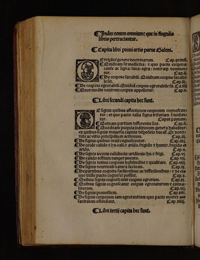 ¶ Indͤer comm omnium: que in fingulis. libꝛis pertractantur. . (C Capita libi pꝛimi artis parue Saleni. ij Cap. iij. ¶ QAuot modis neutrum coꝛpus appelletur. Cap . v. € x ibi fecundi capita bec funt. tur. (Caput pamm ¶Quodnam pꝛopꝛia inditioꝛum genera habeãtur: E triplici genere doctrinarum. Cap. bend nee | NI (Li uidnam fit medícína: z quo pacto coꝛpoꝛa: cn ¶ De ſignis quibus oculi cognoſcuntur. Cap. iii i. arído. ¶ De fignis iecoꝛis calidioꝛis:aridioꝛis: hu. ⁊ frigi. Los et ¶ De calido teftíum temperamento. Cap.viſ. De ſignis totius coꝛpoꝛis habitudine ⁊ qualitate. (Cap. vilj. ¶ De ſignis ventriculi natura ſiccioꝛis. Cap. ix. ¶ De partibus cognitu facilioꝛibus:ac difficilioꝛibus: ⁊ A eis que nullo pacto cognoſci poſſint. Cap. x. € Quibus fignis cognoſcatur coꝛpus egrotum. Cap. tj. ¶ Quibus ſignis cognofcatur coꝛpus egrotaturum ⁊ conua⸗ liturum. Cap . xij. ¶ De lione pꝛonoſticis. Cap. xiij. ¶ De ignis coꝛpoꝛum iam 3 quo iem moꝛteʒ aut (ibi tertij des pec ſunt.