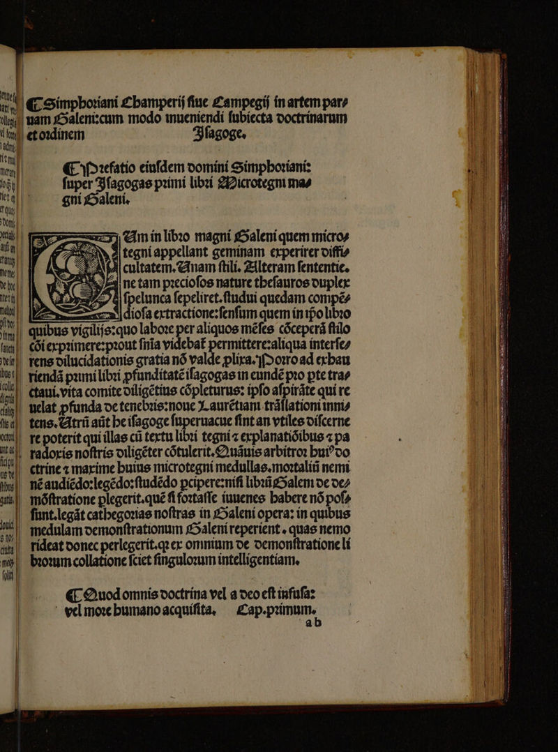 5d (C Simpboríani Champerij fiuc Campegij in artem par⸗ lle uam Saleni:cum modo iueniendi ſubiecta doctrinarum iat etordinem Iſagoge. f i ; i | ¶ P ꝛefatio einſdem domini Simphoꝛiani: TI fuper Iſagogas pꝛimi libꝛi Microtegm ma⸗ d | .gníiSaleni. | wil | Xia Am in libꝛo magni Saleni quem micros a N trgniappellant geminam crperirer viti vw] n cultatem. Anam ſtili. Alteram ſententie. de nne tam pꝛecioſos nature theſauros duplex — b — *-— (€ J^ Ir t ſpelunca ſepeliret.ſtudui quedam compẽ⸗ 2 SC Gols extractione:ſenſum quem in po libꝛo quibus vigilijs:quo laboꝛe per aliquos mẽſes cóceperá ffilo bꝛoꝛum collatione ſciet ſinguloꝛum intelligentiam. ¶ Ouod omnis doctrina vel a deo eft infuſa: vel moꝛe humano acquiſita. Kap. pumum. 2 2 r reer
