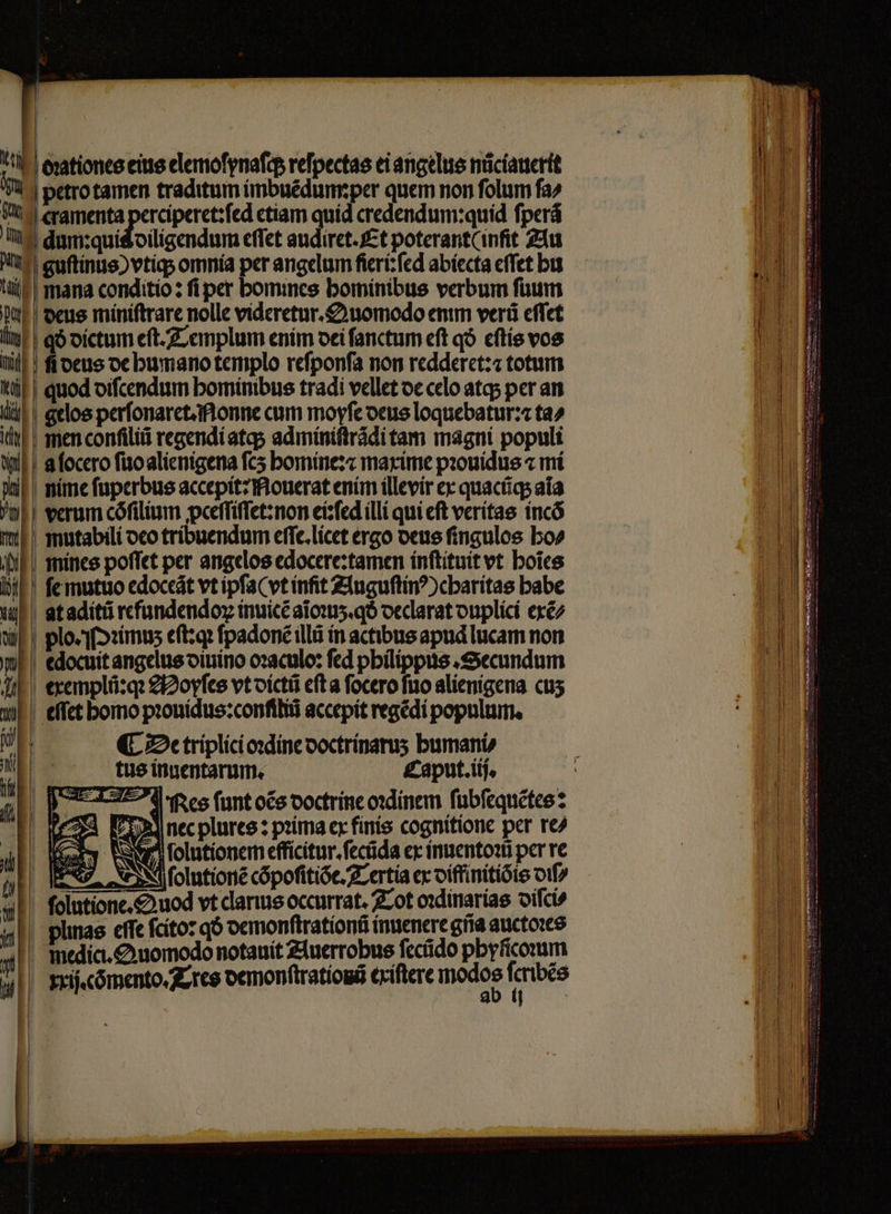 oꝛationes eius elemoſynaſcq reſpectas ei angelue nüciauertt d petro tamen traditum imbuẽdum: per quem non folum fa^ 913 eramenta perciperet:ſed etiam quid credendum:quid fperá nz dum:quidoiligendum effet audiret. Et poterant( inſit Au Nw guſtinus) vtiq omnia per angelum fieri: fed abiecta effet hu f mana conditio: fi per bomines bominibus verbum ſuum Da deus miniſtrare nolle videretur. £)»uomodo entm verd eſſet ln! | qó dictum eſt. Templum enim dei fanctum eft qó eſtis vos tid | fiocus de humano tcmplo reſponſa non redderet: totum tile quod diſcendum bominibus tradi vellet oc celo atq; per an a gelos perſonaret. Nonne cum moyſe deus loquebatur: ta^ in| men conſiliũ regendi atq; adminiſtrãdi tam magni populi 4 a ſocero ſuo alienigena ſeʒ homine:⁊ maxime pꝛouidus ⁊ mi 0 d — — | ime ſuperbus accepit:Mouerat enim illevir ex quacũq; aĩa verum cófilium pceſſiſſet:non ei:ſed illi qui eſt veritas incõ mri mutabili deo tribuendum eſſe.licet ergo deus fingulos ho⸗ iip) mines poffet per angelos edocere:tamen inſtituit vt hoĩes i femutuo edoceãt vt ipſa (vt infit Auguſtinꝰ) charitas habe i at aditũ refundendoꝝ inuicẽ aſoꝛuʒ.qð declarat duplici exẽ⸗ wf plo. D ꝛimuz eſt:qꝛ ſpadonẽ illũ in actibus apud lucam non e edocuit angelus diuino oꝛaculo: fed philippus. Secundum exemplũ:qꝛ Moyſes vt dictũ eſt a ſocero fuo alienigena cus WF. effet homo pꝛouidus:conſitiũ accepit regẽdi populum. N ¶ De triplici oꝛdine doctrinaruʒ humani⸗ : tus inuentarum. Caput. iij. 1 Res funt oẽs doctrine oꝛdinem ſubſequẽtes: | nec plures: pꝛima ex finis cognitione per re⸗ 71 ſolutionem efficitur. fectida ex inuentoꝛũ per re it ſolutionẽ cõpoſitiõe. Z-ertía ex diffinitiõis diſ⸗ sil ſolutione. Quod vt clarius occurrat, Tot oꝛdinarias diſci⸗ plnas effe ſcito: q5 demonſtrationũ inuenere gña auctoꝛes  medici. Quomodo notauit Auerrobus ſecũdo phyſicoꝛum xi cõmento. Tres demonſtratioxũ exiſtere modos Jes |