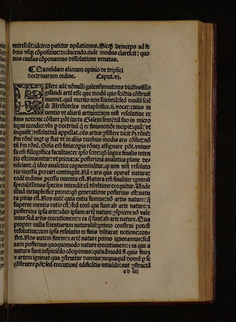 F1 1 UT exereſcũt:idcirco patitur opilationes.Sicq; oeinceps ad fe bꝛes vſqʒ cõpoſitiue:deducendo. inde modus clareſcit: quo lii ie ; nos caufas cõponamus diſſolutione venatas. T il | (CO uonidam alioꝛum opinio de triplici il dDdoctrinarum oꝛdine. Caput. vj. u Iw SE Aere atit nónulli galeniamatoꝛes dicẽtesſillo N, I e - gifandi artẽ effc que modi quo ſciẽtia cõſtruit v Me aS ingenít.quá merito non ſcientiã: ſed modũ ſciẽ m l di Ariſtoteles metaphiſice.ij. vocat:cuius in N MEA uentio vt aliarũ artium:non niſi reſolutiue ex inis notione cõſtare pót iuxta Galeni ſentẽtiã ſuo in micro un teg ni exoꝛdio:vbi p doctrinã d ex finisnotióe incipit:quã (vt u inquiñt ) reſolutinã appellat.oẽs artes ↄſiſtere dicit ſʒ rõnẽ: n bm rönẽ ingt qꝛ flat vt in alijs duobus modis ars cõſtet:nõ lue tfi Pm roͤnẽ. Sola em̃ finis:opis rónes aſſignare pót.vniner a em̃ ſillogiſtica facultas:ex ipfo ſcire:qð logice finalis inten u nũciant.qᷓ ideo analetice cognominãtur.qꝛ non nifi reſoluto rio inceſſu ꝓcreari eontingũt.Nã ⁊ ars qua operat᷑ natura: wi eodeẽ oꝛdinis ꝓceſſu inuenta eſt. Natura eri finaliter ⁊pꝛimũ ſpecialiſſimas ſpecies intendit e tñvltimo exequitur. Ande illud metaphiſice pꝛimo:qð generatione poſterius eſt:natu ka pꝛius eſt. Nos autẽ n entía ſumus:nõ artis nature(q fuperne mentis ratio eſt) ſed eoꝛũ que ſunt ab arte nature: poſterioꝛa ipſa arte: ideo ipfam artẽ nature ↄſpicere nó vale mus: ſed artis executionem:⁊ ea q ſunt ab arte nature. Qua pꝛopter nulla ſcientiarum naturaliũ:pꝛimo conſtrui poteſt kteſolutiue:cum ipfa refelutio ex ſinis dũtaxat notione:con⸗ tet. Nos autem ſinem:⁊ artẽ nature pꝛimo ignoꝛamus:ſed eam poſterius quoquomodo nature executionem:⁊ ea que a natura ſunt inſpiciẽdo cõcipimus:quẽadmodũ fi quis fines ab iti