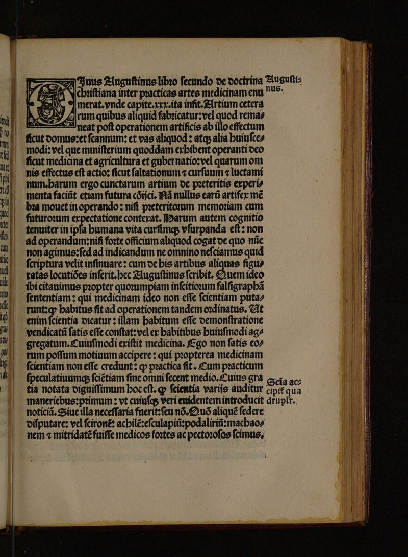 PR 2 AS merat. vnde capite.xxx.ita inſit. Artium cetera M rum quibus aliquid fabzicatur: vel quod rema⸗ neat poft operationem artificis ab illo effectum ficut domusꝛet ſcannum: et vas aliquod : atq; alia huiuſce⸗ modi: vel que miniſterium quoddam exbibent operanti deo ficut medicina et agricultura et gubernatio:vel quarum om nis effectus cft actio: ficut ſaltationum ⁊ curſuum ⁊ luctami num. harum ergo cunctarum artium de pꝛeteritis experi⸗ menta faciũt etiam futura cõijci.Nã nullus earũ artifex mé bꝛa mouet in operando niſi pꝛeteritoꝛum memoriam cum futuroꝛum expectatione contexat. Marum autem cognitio tenuiter in ipfa humana vita curſimq; vſurpanda cft: non ad operandum:niſi foꝛte officium aliquod cogat de quo niic non agimus:ſed ad indicandum ne omnino neſciamus quid fcriptura velit inſinuare: cum de his artibus aliquas figu» ratas locutiòes inſerit.hec Auguſtinus fcribit. € uem ideo ibi citauimus pꝛopter quoꝛumpiam inſcitioꝛum falſigraphã ſententiam: qui medicinam ideo non eſſe ſcientiam puta⸗ runt:qꝙ habitus fit ad operationem tandem oꝛdinatus. At enim ſcientia dicatur: illam habitum eſſe demonſtratione vendicatũ ſatis eſſe conſtat:vel ex habitibus huiuſmodi ag⸗ gregatum.Cuiuſmodi exiſtit medicina. Ego non fatis eo⸗ rum poſſum motiuum accipere: qui pꝛopterea medicinam ſcientiam non effe credunt: qp pꝛactica ſit. Cum pꝛacticum ſpeculatiuumq; ſciẽtiam finc omni ſecent medio. Cuius gra 2 noticiã.Siue illa neceſſaria fuerit:ſeu nõ. uó aliquẽ federe diſputare: vel ſcironẽ: achilẽ:eſculapiũ:podaliriñ:machao⸗ nem ⁊ mitridatẽ fuiſſe medicos foꝛtes ac pectoꝛoſos ſcimus.