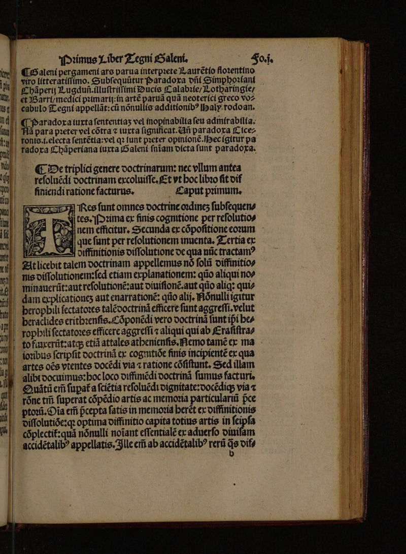 tel br I. 60% h ul bar Wd ¶ G aleni pergament are parua interpꝛete Laurẽtio floꝛentino Chãperij Lugduñ . illuſtriſſimi Ducis Cal abꝛie / Lotparingie / et Barri / medici pꝛimarij: in artẽ paruã quà neoterici greco vo⸗ cabulo Tegni appellãt:cũ nõnullis additionibꝰ Haly rodoan. (| Paradoxa iuxta ſententiaʒ vel inopinabilia feu admirabilia. ronis.i.electa ſentẽtia:vel qꝛ funt pꝛeter opinionẽ. ec igitur pa radoxa Chãperiana iuxta Galeni ſnĩam dicta funt paradoxa. ¶ De triplici genere doctrinarum: nec vllum antea reſoluẽdi doctrinam excoluiſſe. Et vt boc libro fit dif ſiniendi ratione facturus. Caput pꝛimum. NMNMes ſunt omnes doctrine oꝛdineʒ ſubſequen⸗ tes. [ima ex finis cognitione per reſolutio⸗ TU nem efficitur, Secunda ex cõpoſitione eoꝛum Ms € que ſunt per reſolutionem inuenta. Tertia ex D iffinitionis diſſolutione de qua nũc tractam? alibi docuimus:hoc loco diffiniẽdi doctrinã fumus facturi cõplectit: qua nónullí noĩant eſſentialẽ ex aduerſo diuiſam accidétalib? appellatis. Ille em̃ ab accidẽtalibꝰ rerũ sad dif⸗